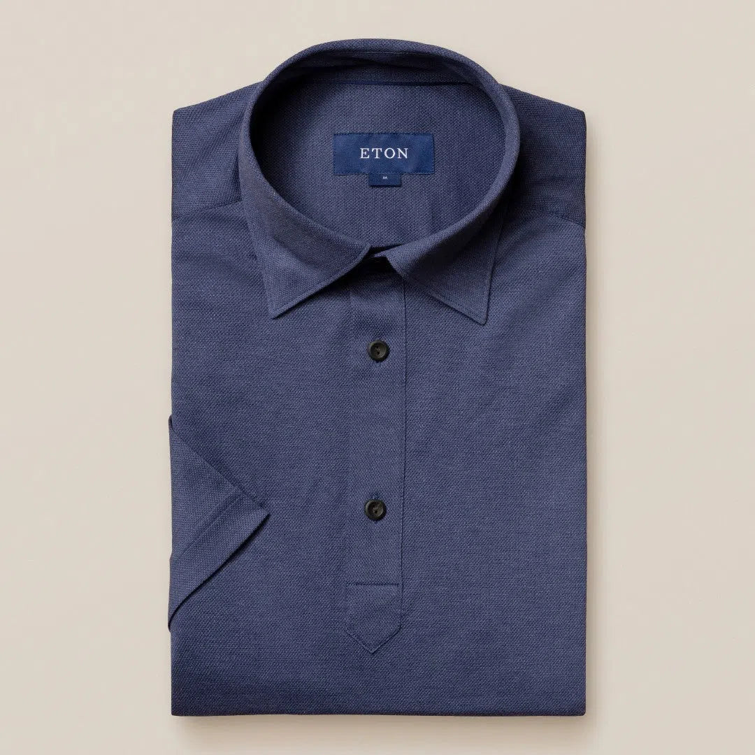 Slim Fit Dark Blue Knitted Short Sleeve Shirt-MALFORD OF LONDON SAVILE ROW MENSWEAR OUTLET