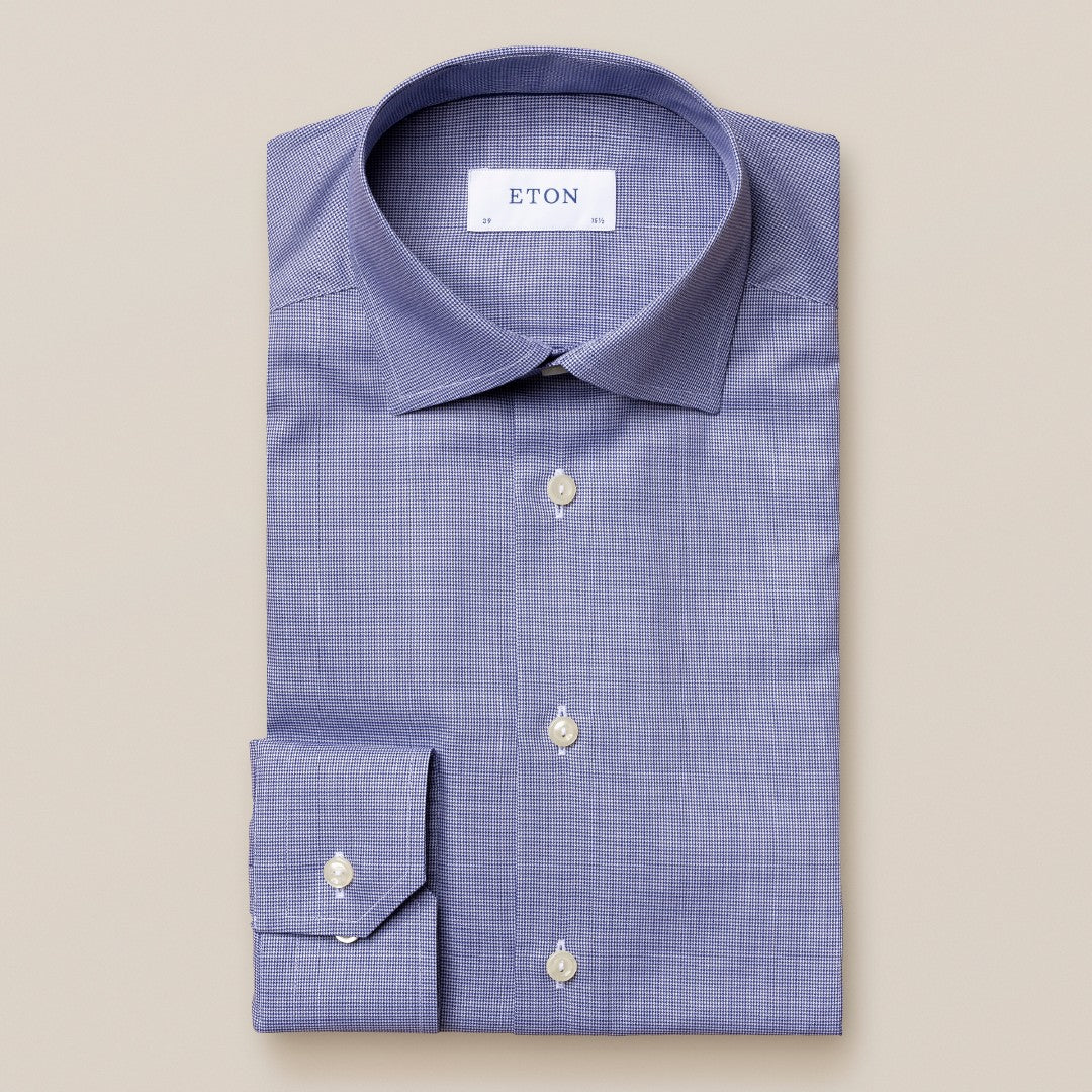 Slim Fit Dark Blue Micro Houndstooth Shirt-MALFORD OF LONDON SAVILE ROW MENSWEAR OUTLET