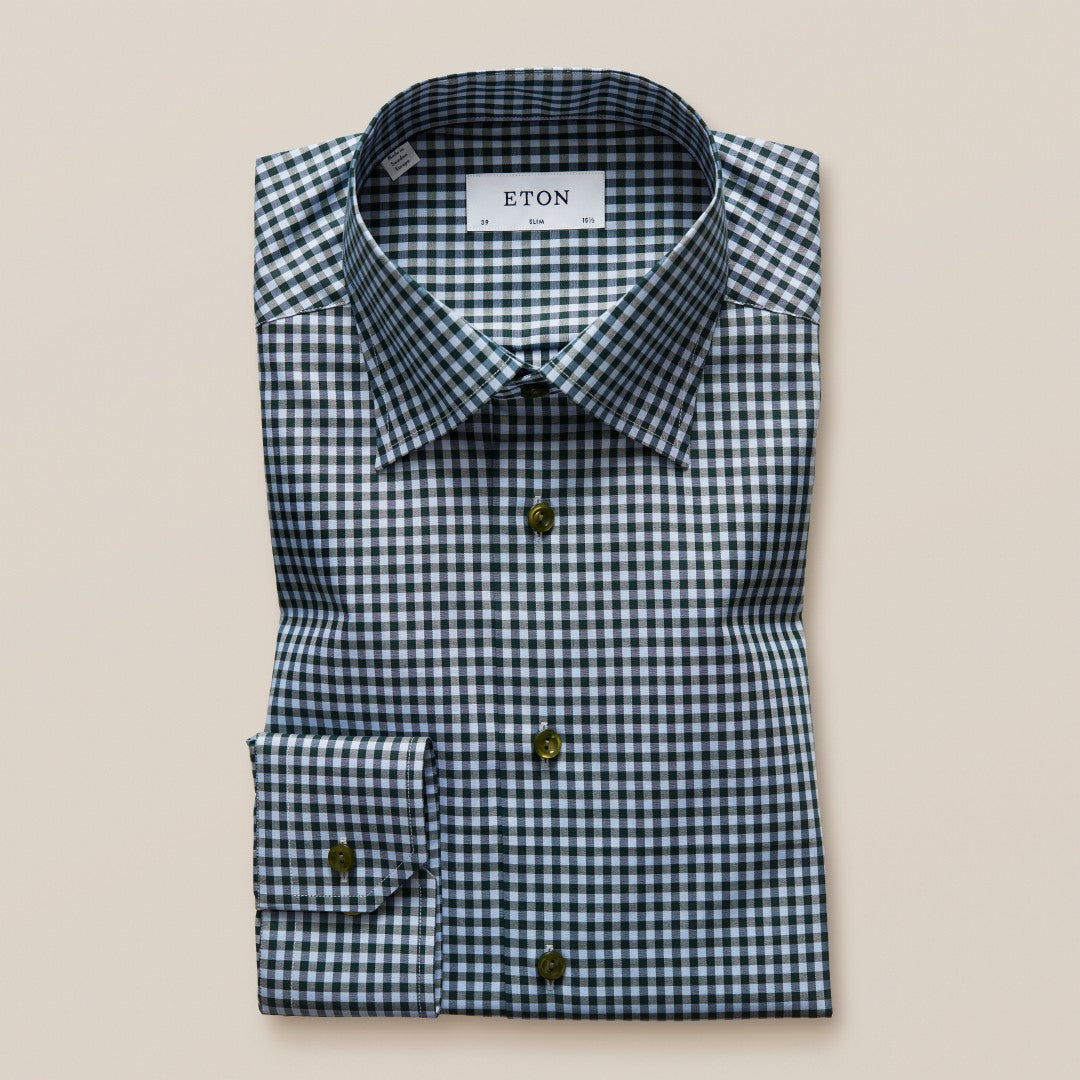 Slim Fit Dark Green Small Check Shirt-MALFORD OF LONDON SAVILE ROW MENSWEAR OUTLET