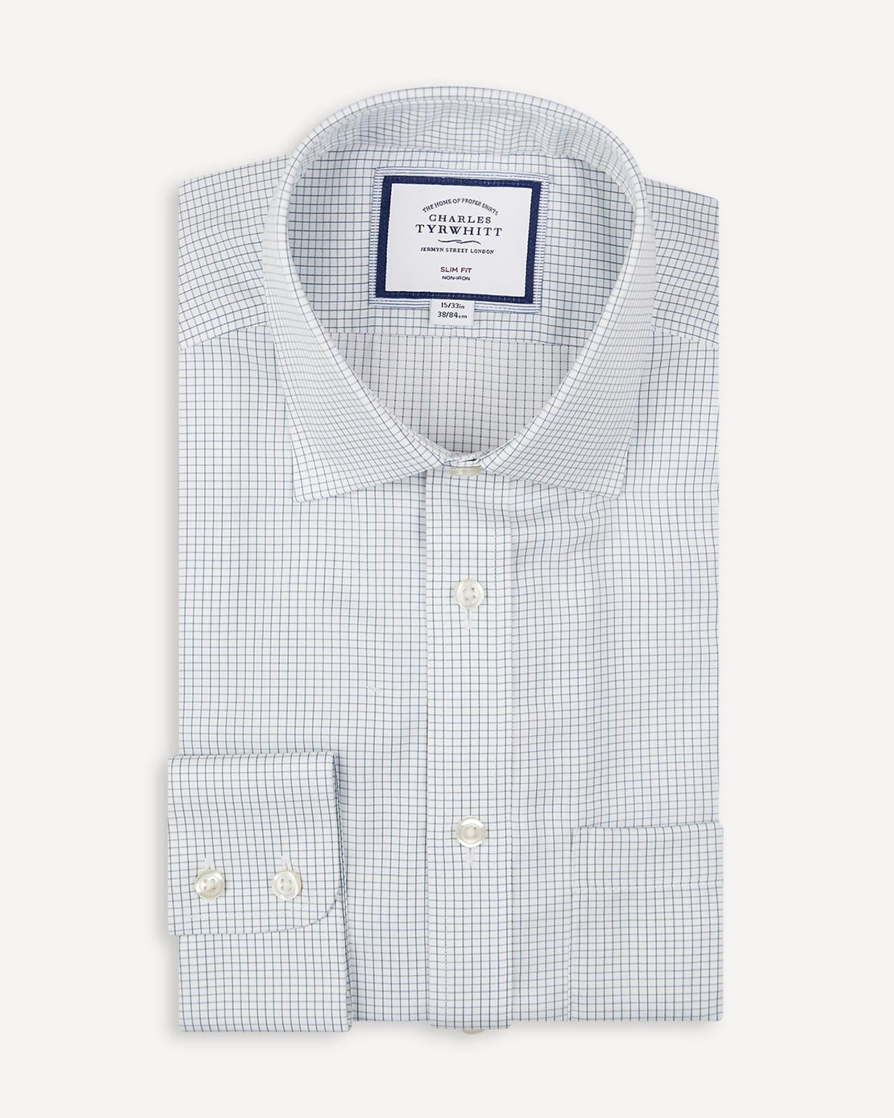 Slim Fit Green Mini Grid Twill Shirt-MALFORD OF LONDON SAVILE ROW MENSWEAR OUTLET