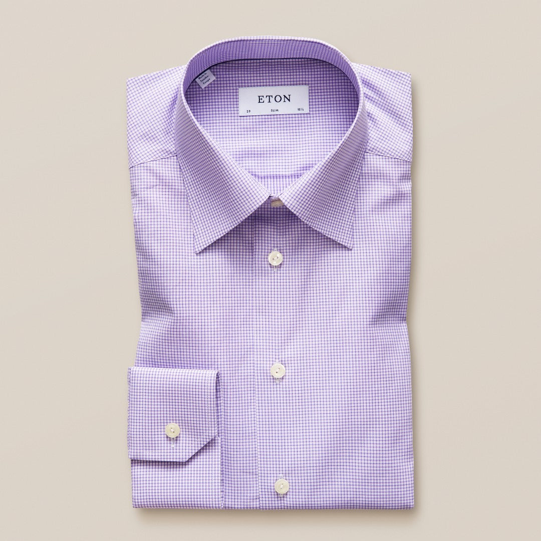 Slim Fit Light Purple Micro Gingham Shirt-MALFORD OF LONDON SAVILE ROW MENSWEAR OUTLET