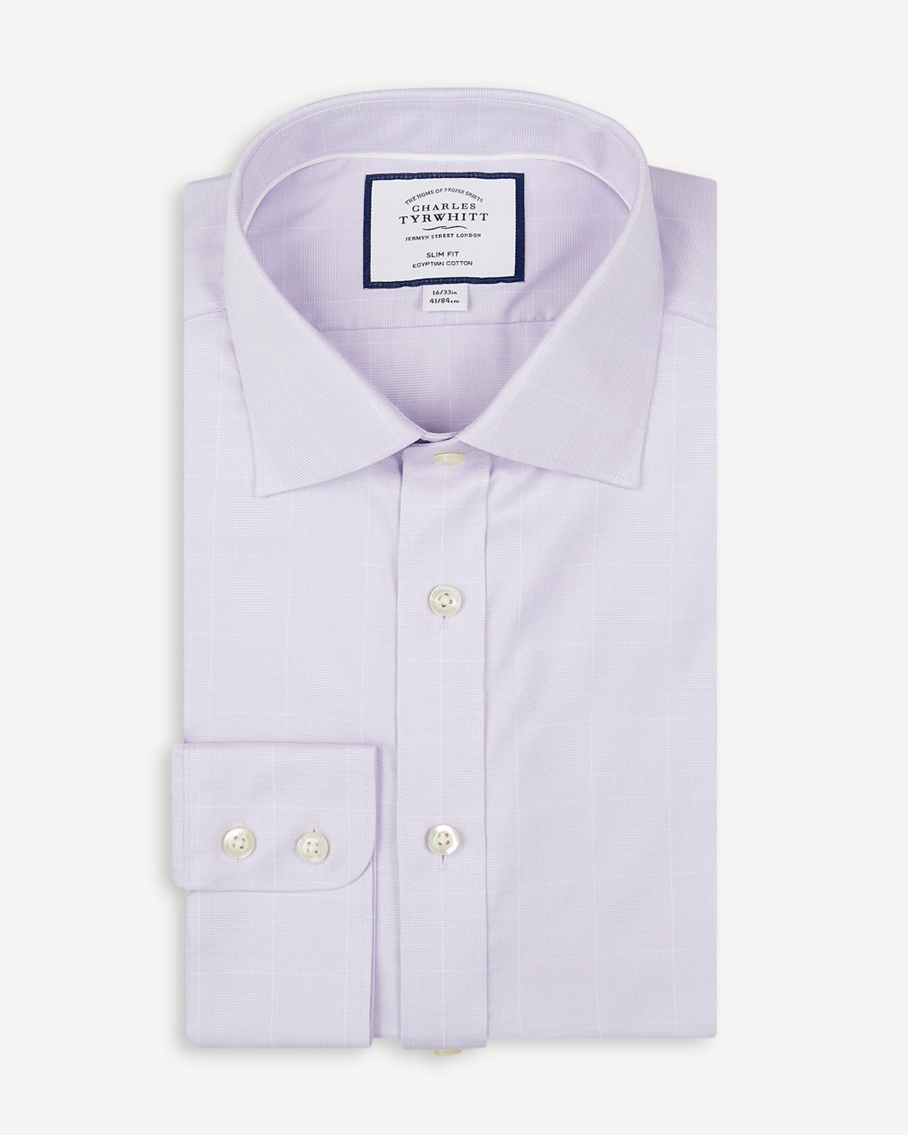 Slim Fit Lilac Purple Twill Prince of Wales Check Shirt-MALFORD OF LONDON SAVILE ROW MENSWEAR OUTLET