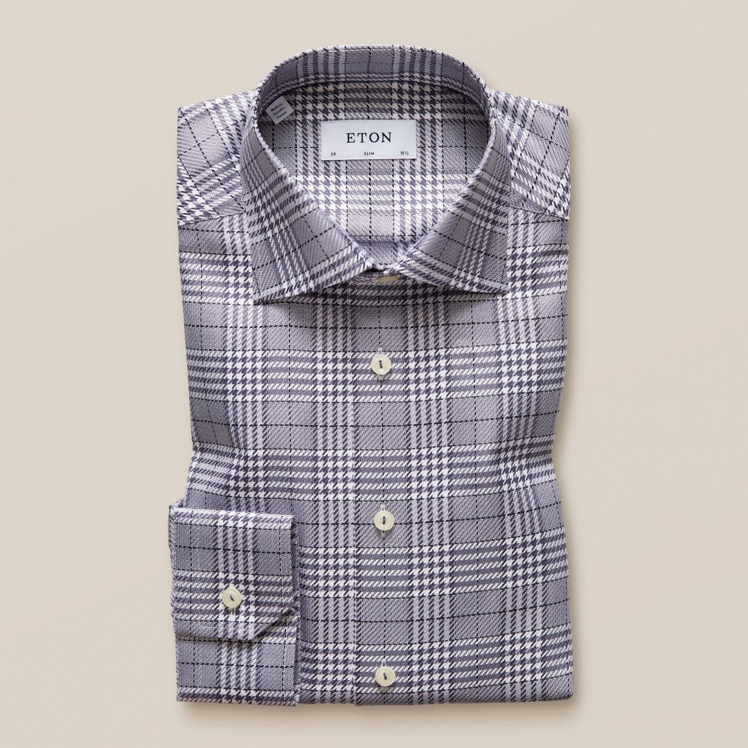 Slim Fit Mid Grey Houndstooth Check Shirt-MALFORD OF LONDON SAVILE ROW MENSWEAR OUTLET