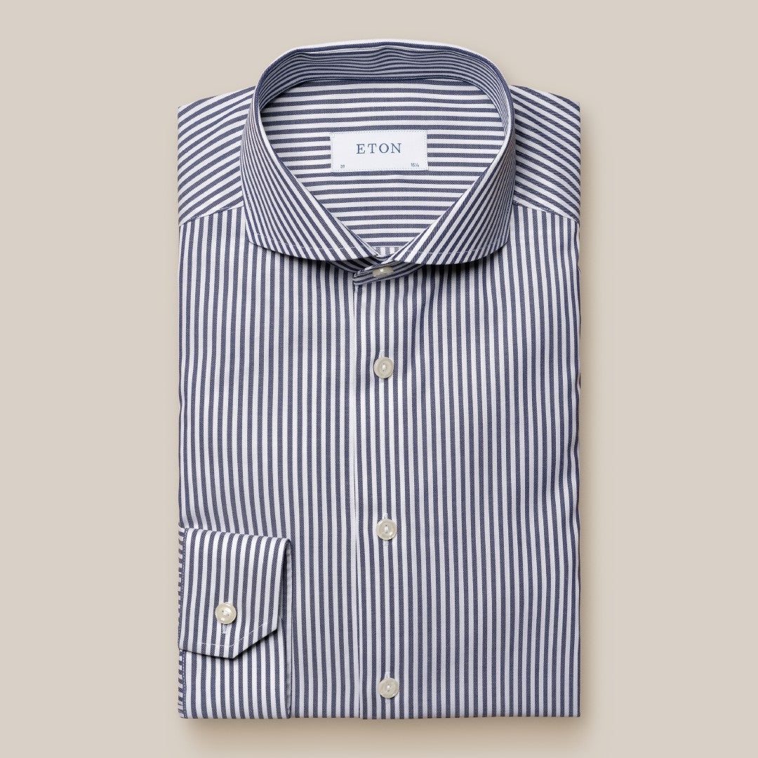 Super Slim Fit Navy Blue Stripe Shirt-MALFORD OF LONDON SAVILE ROW MENSWEAR OUTLET