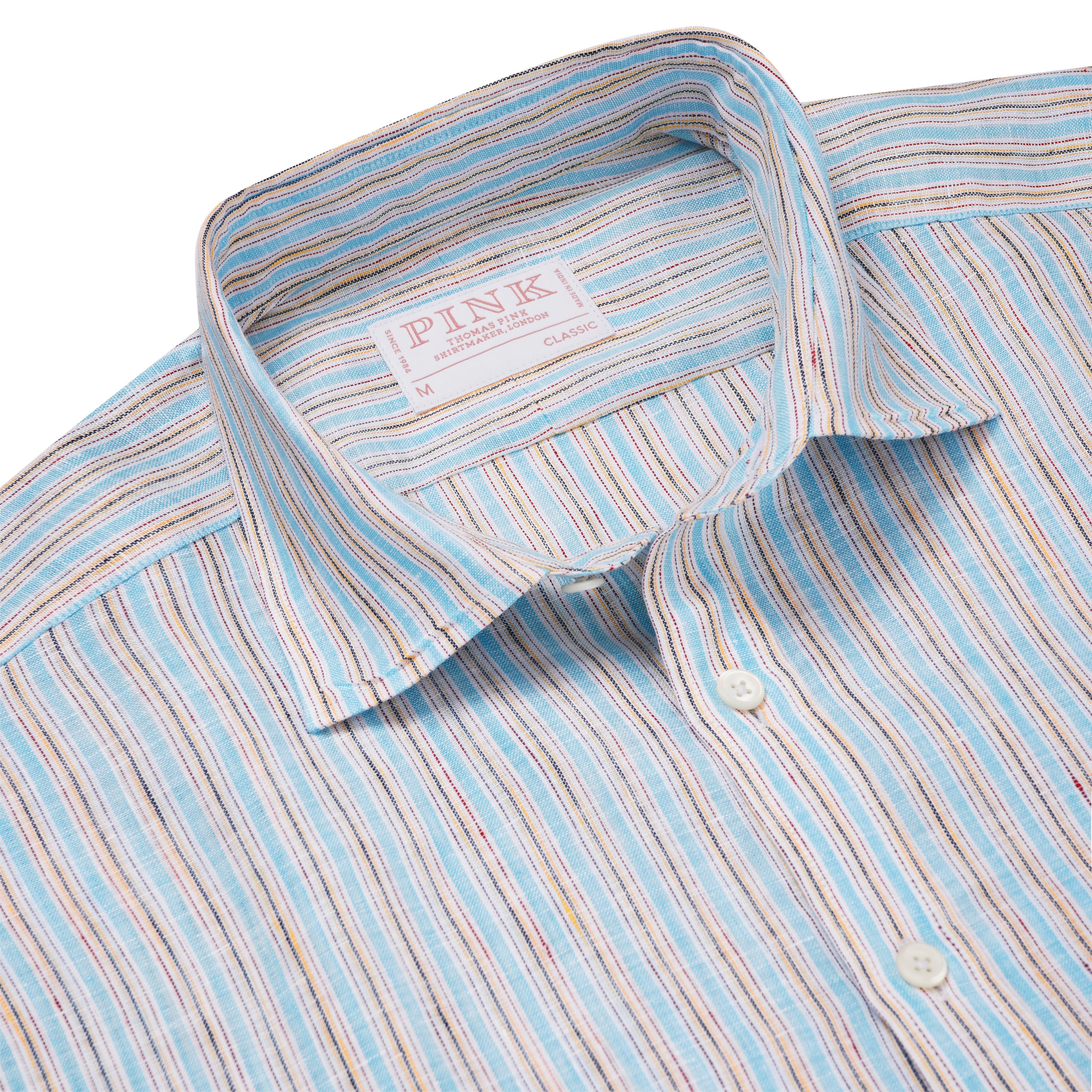 Thomas Pink Classic Fit Smart Casual Linen Double Stripe Shirt Multi-MALFORD OF LONDON SAVILE ROW MENSWEAR OUTLET