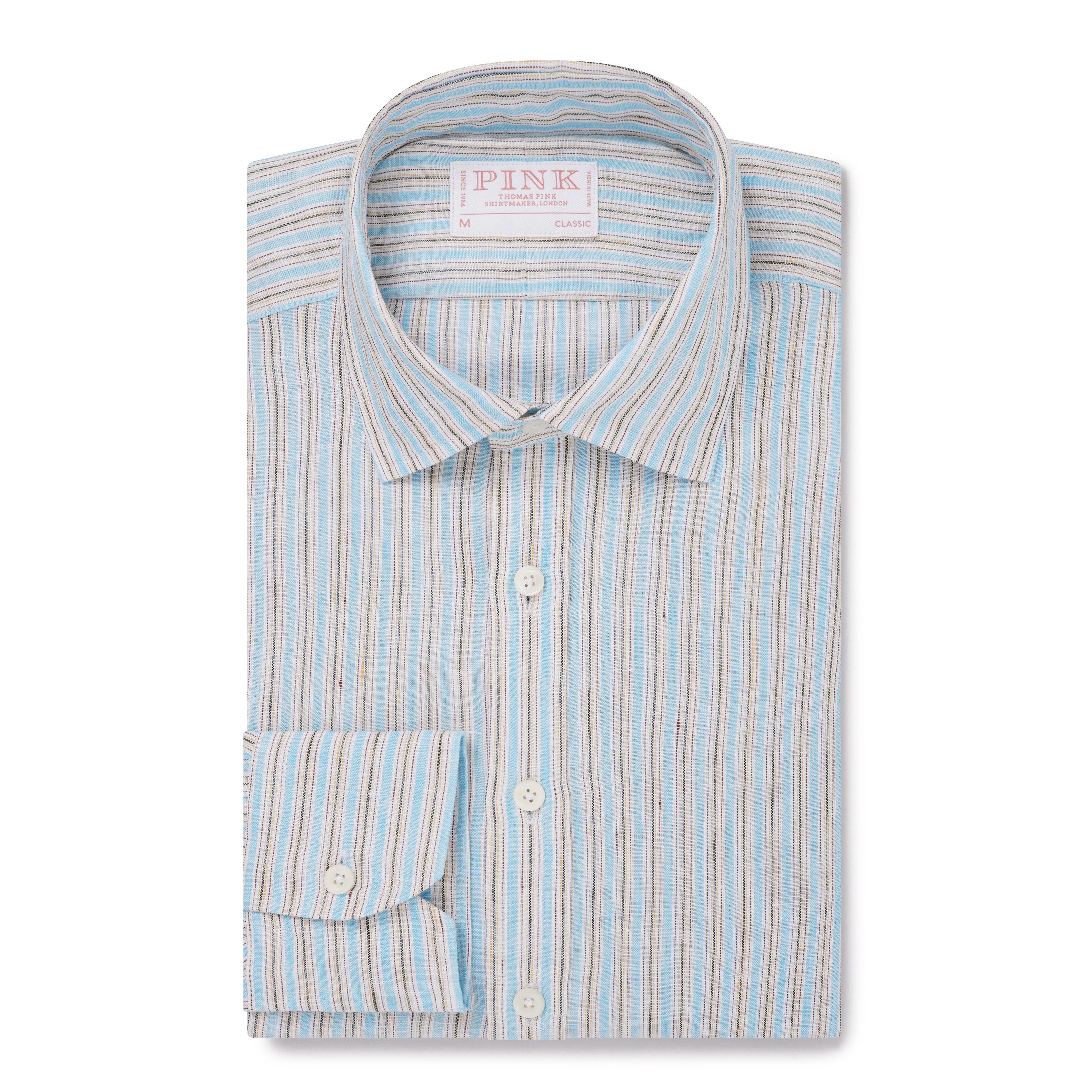 Thomas Pink Classic Fit Smart Casual Linen Double Stripe Shirt Multi-MALFORD OF LONDON SAVILE ROW MENSWEAR OUTLET