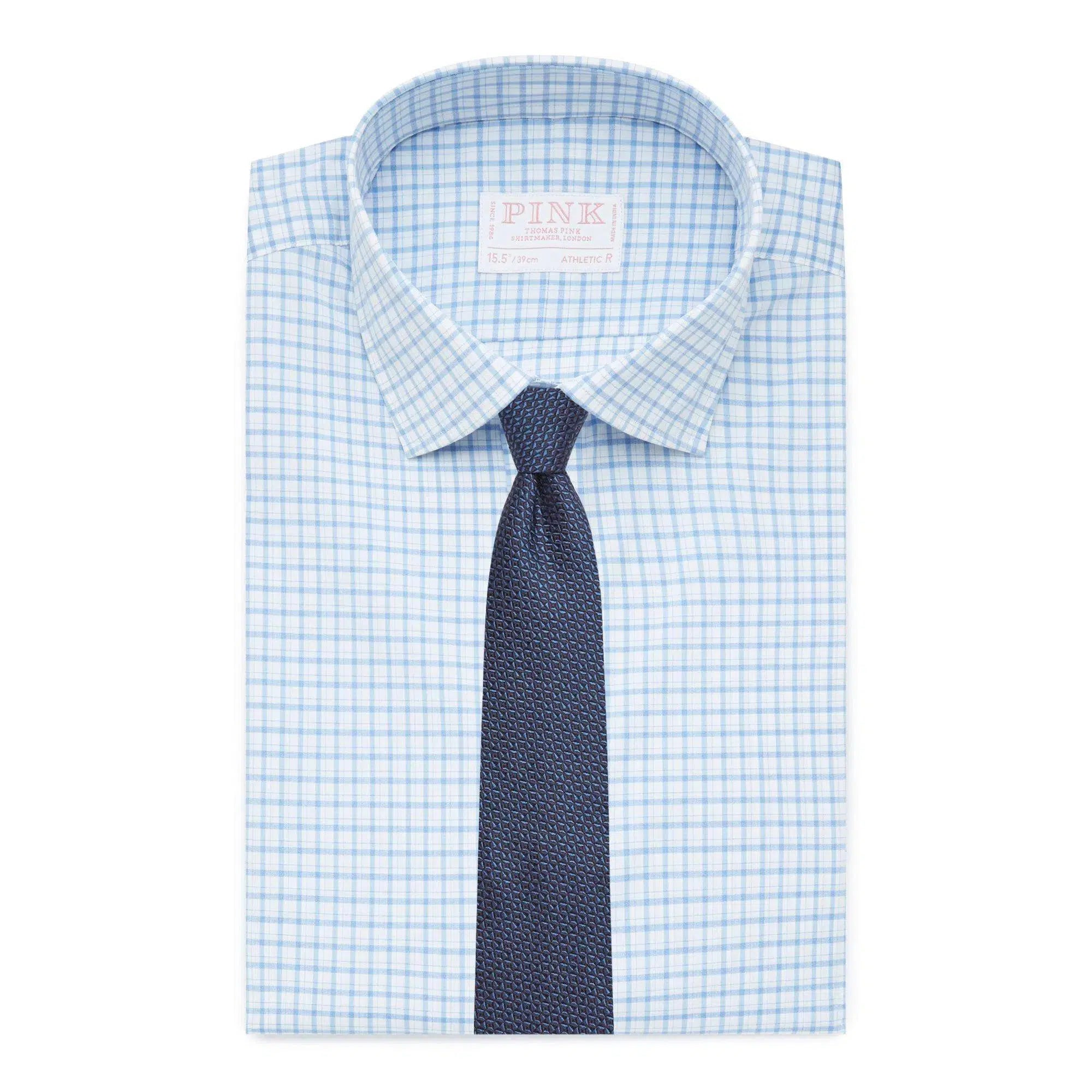 Thomas Pink Shirt Athletic Fit Stretch Poplin Check Blue Cotton-MALFORD OF LONDON SAVILE ROW MENSWEAR OUTLET