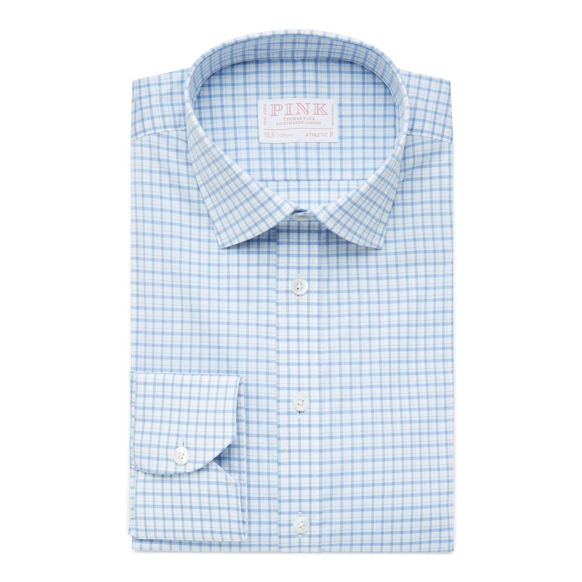 Thomas Pink Shirt Athletic Fit Stretch Poplin Check Blue Cotton-MALFORD OF LONDON SAVILE ROW MENSWEAR OUTLET