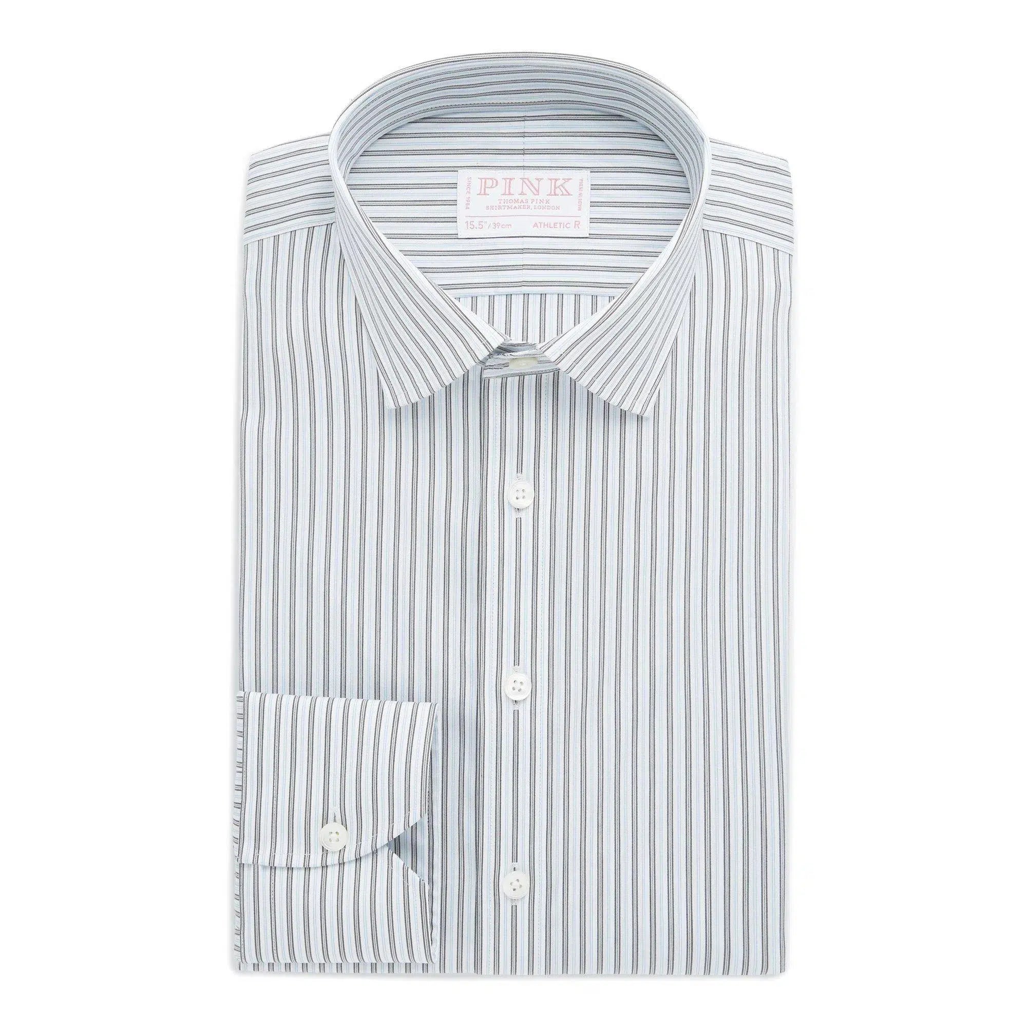 Thomas Pink Shirt Athletic Fit Stretch Poplin Stripe Green Cotton-MALFORD OF LONDON SAVILE ROW MENSWEAR OUTLET