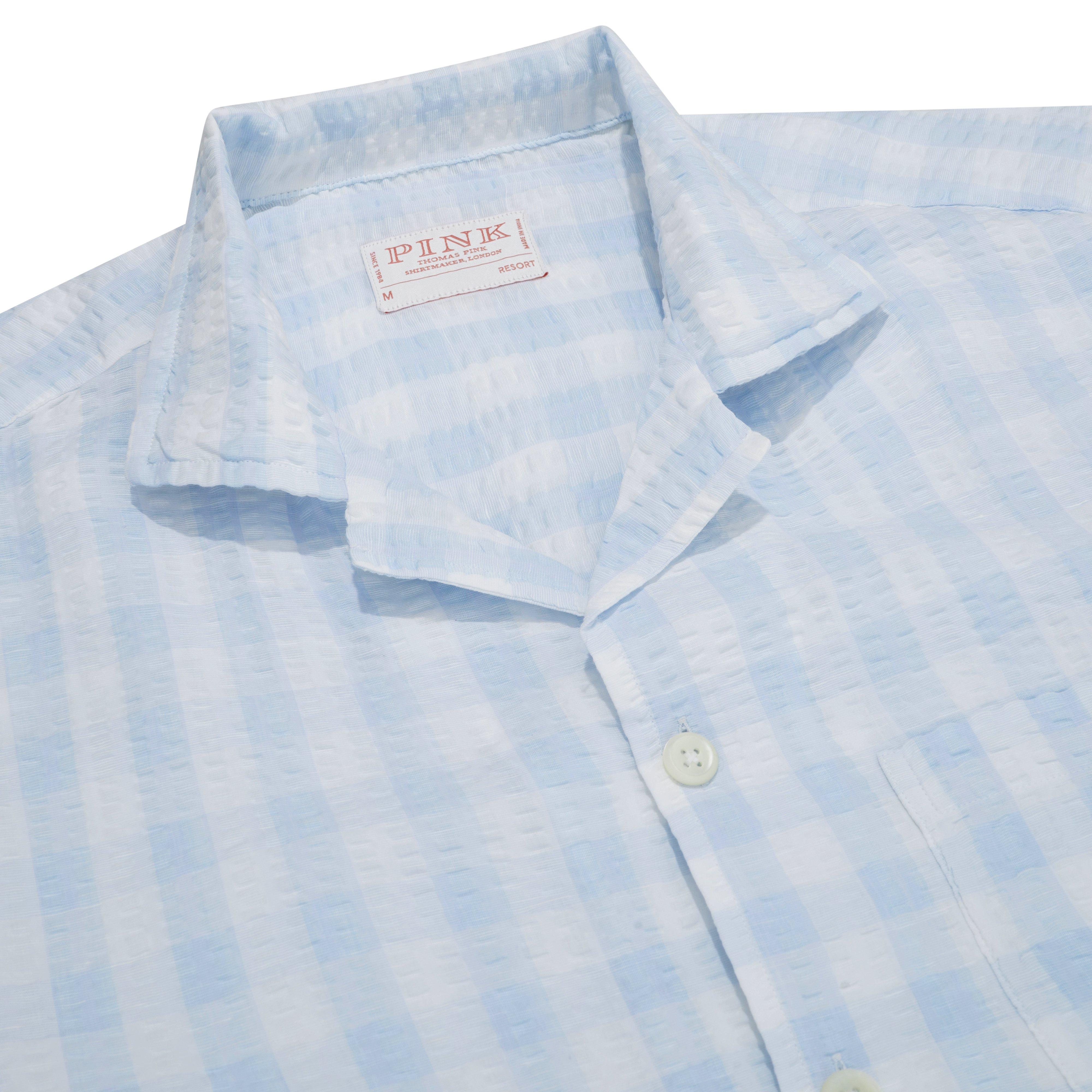 Thomas Pink Shirt Resort Fit Linen Blend Stripe Blue Cotton-MALFORD OF LONDON SAVILE ROW MENSWEAR OUTLET