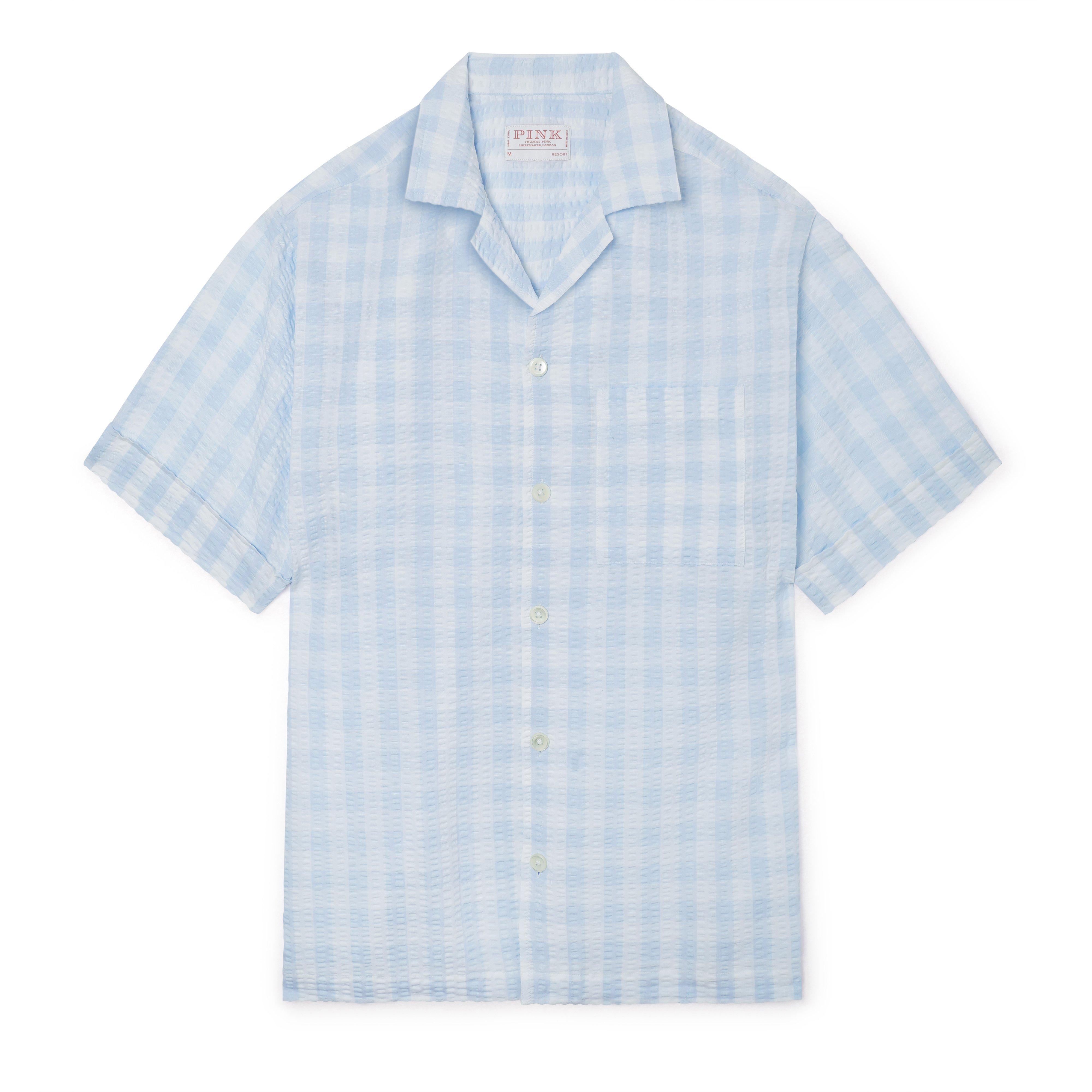 Thomas Pink Shirt Resort Fit Linen Blend Stripe Blue Cotton-MALFORD OF LONDON SAVILE ROW MENSWEAR OUTLET