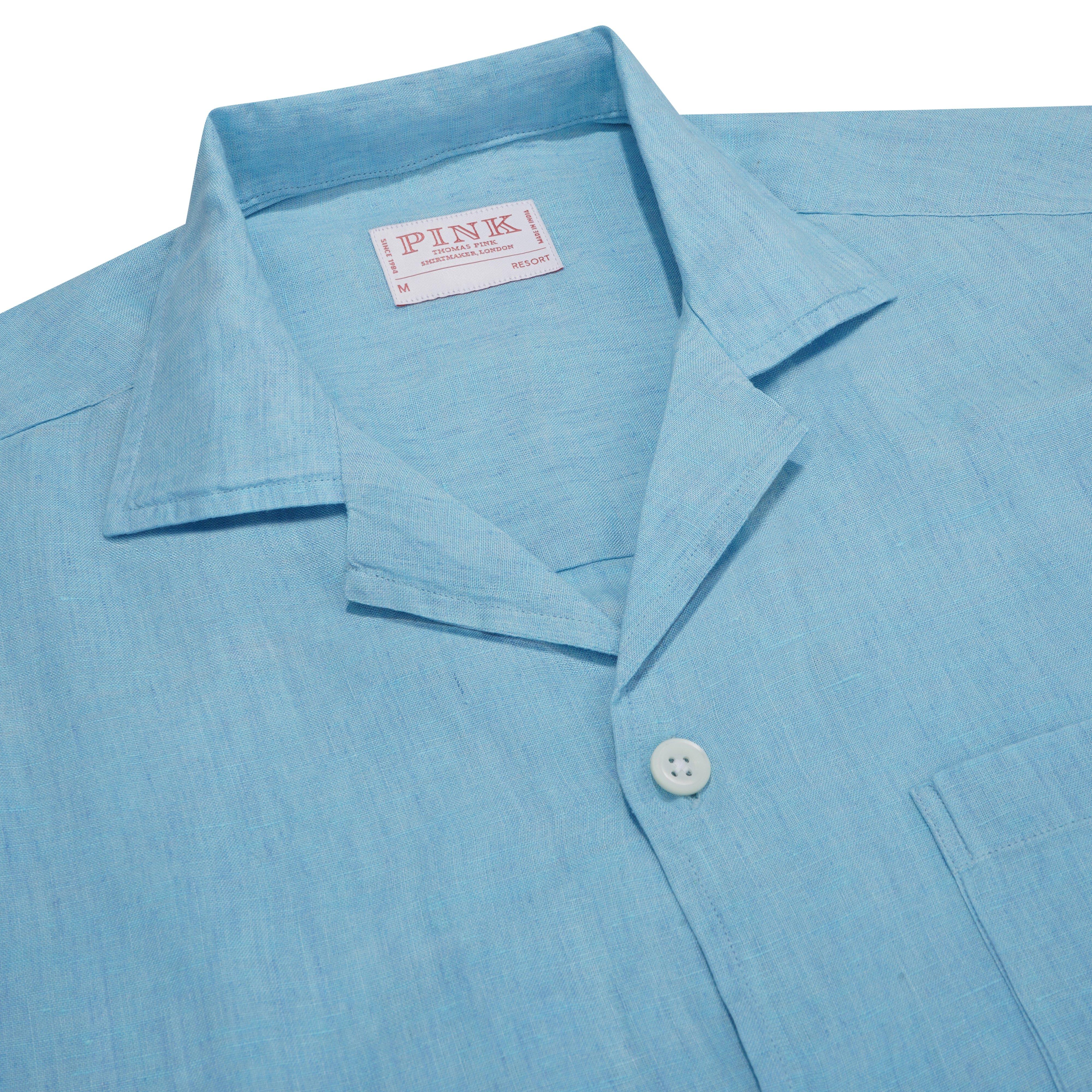 Thomas Pink Shirt Resort Fit Linen Plain Blue Cotton-MALFORD OF LONDON SAVILE ROW MENSWEAR OUTLET