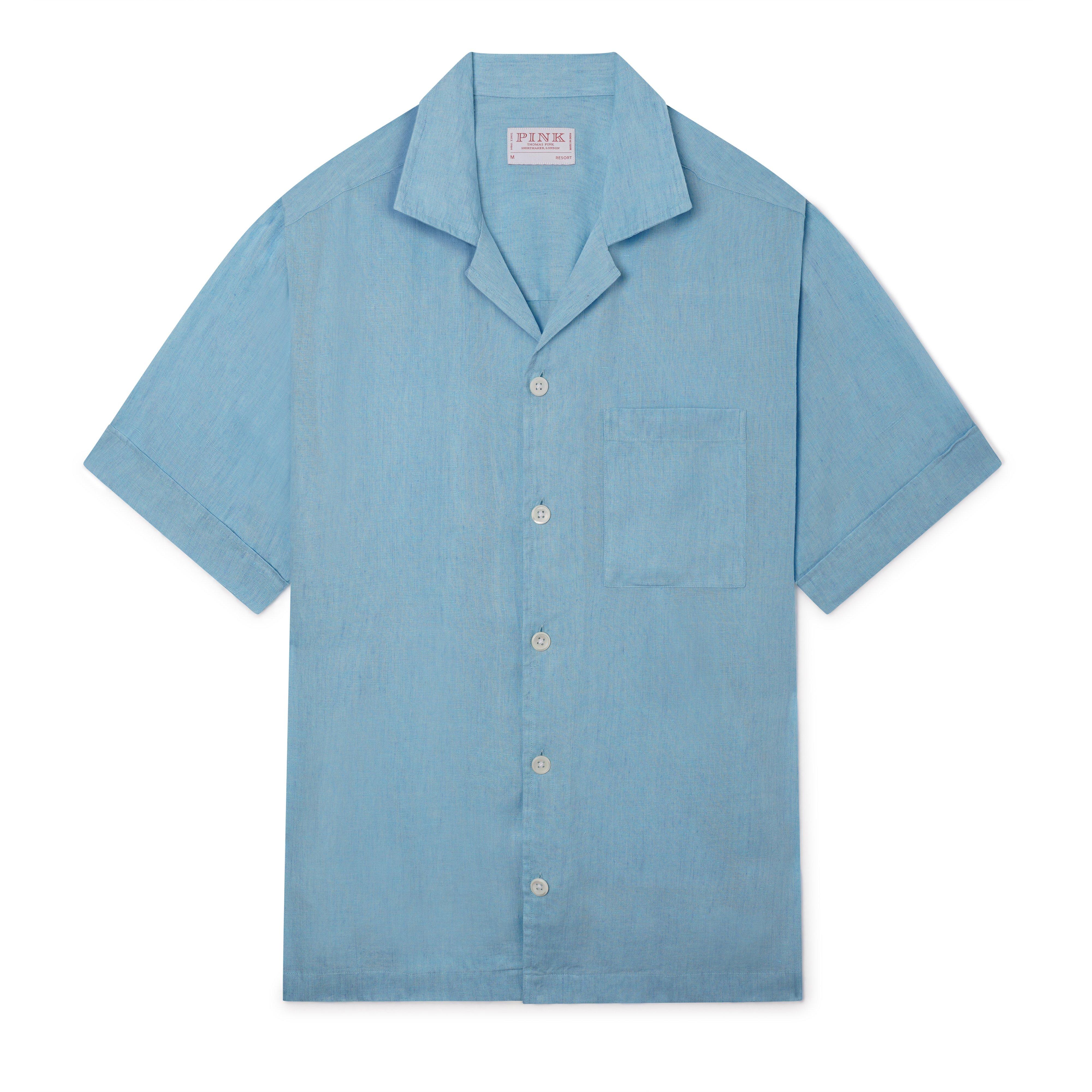 Thomas Pink Shirt Resort Fit Linen Plain Blue Cotton-MALFORD OF LONDON SAVILE ROW MENSWEAR OUTLET