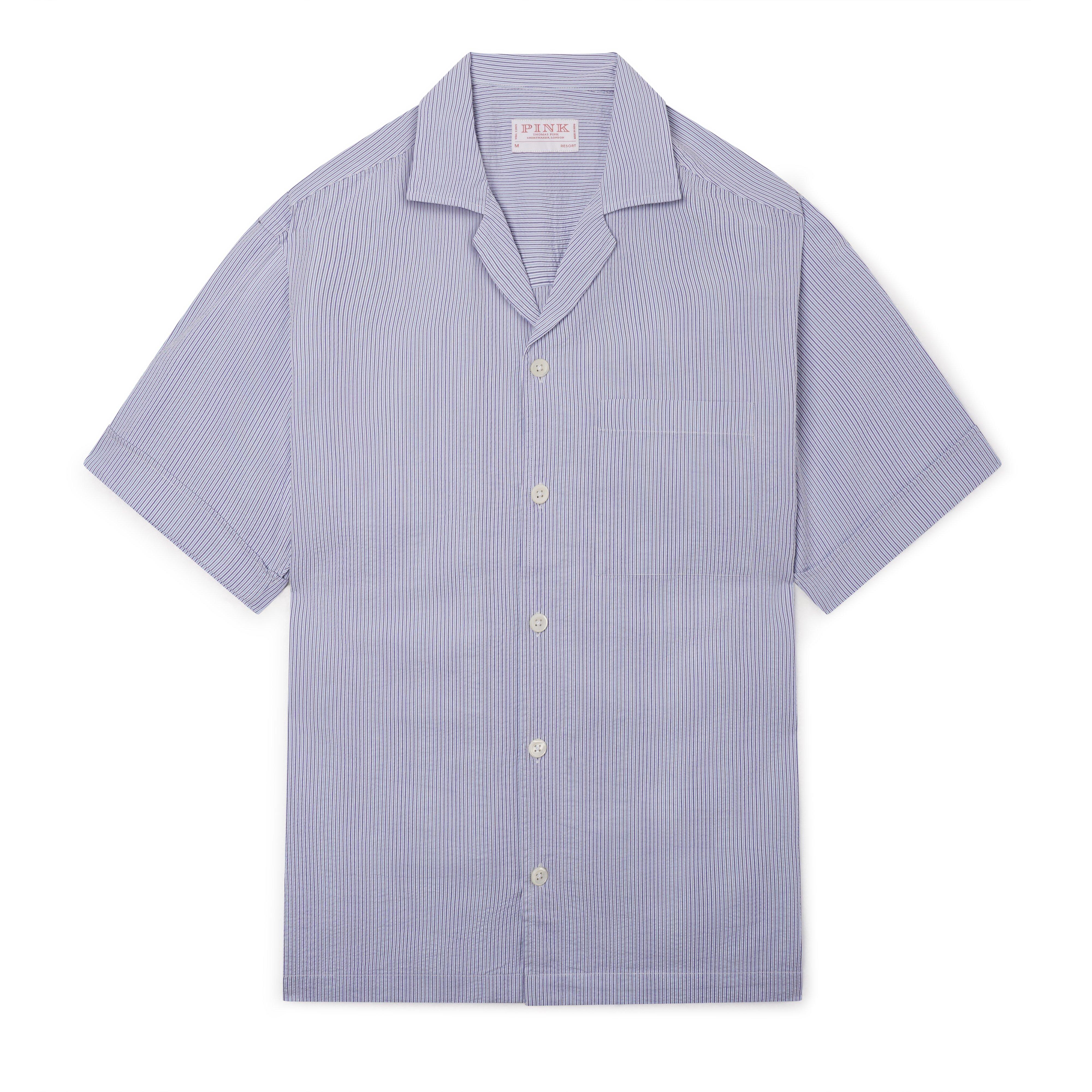 Thomas Pink Shirt Resort Fit Stripe Blue Cotton-MALFORD OF LONDON SAVILE ROW MENSWEAR OUTLET