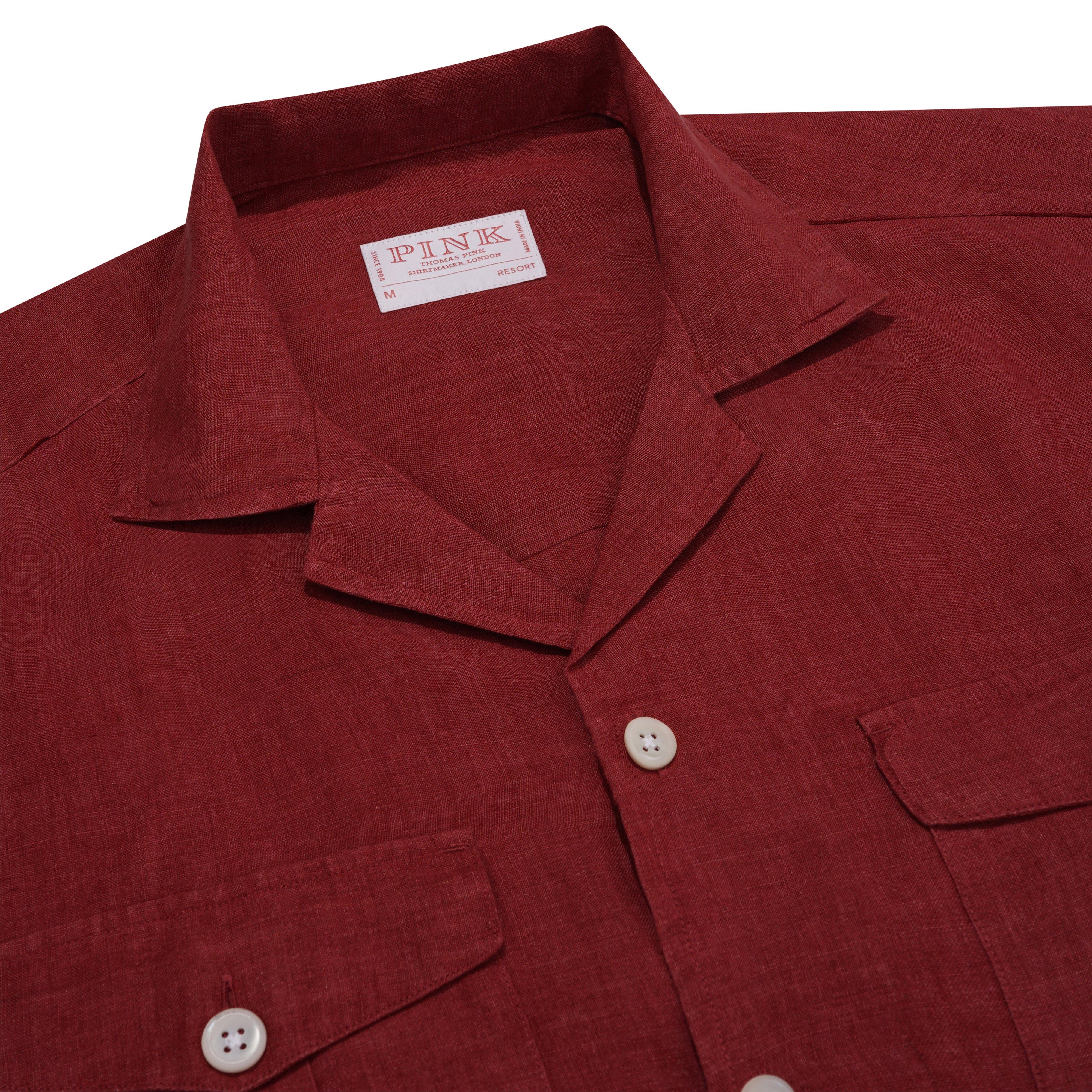 Thomas Pink Shirt Safari Resort Linen Plain Red Cotton-MALFORD OF LONDON SAVILE ROW MENSWEAR OUTLET