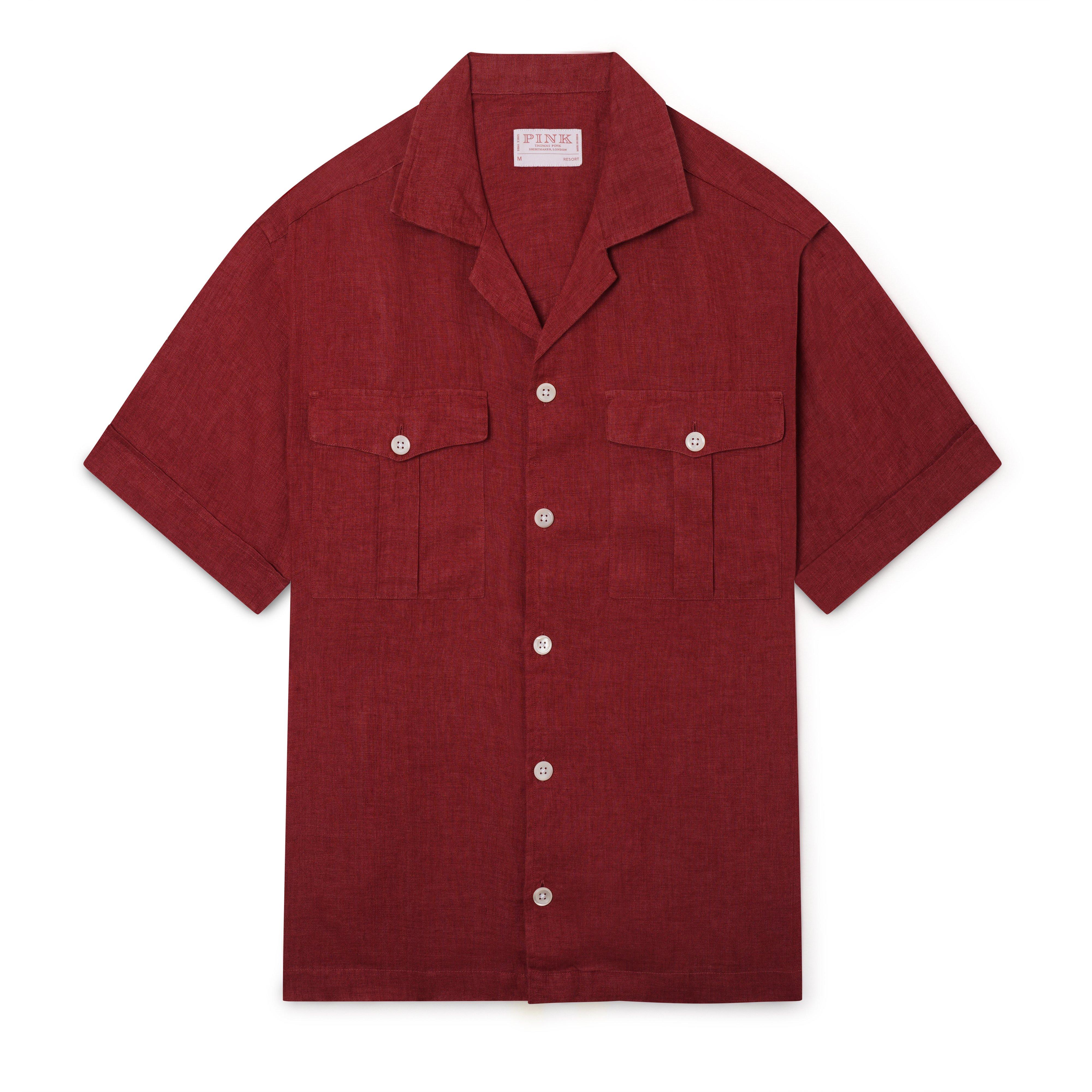 Thomas Pink Shirt Safari Resort Linen Plain Red Cotton-MALFORD OF LONDON SAVILE ROW MENSWEAR OUTLET