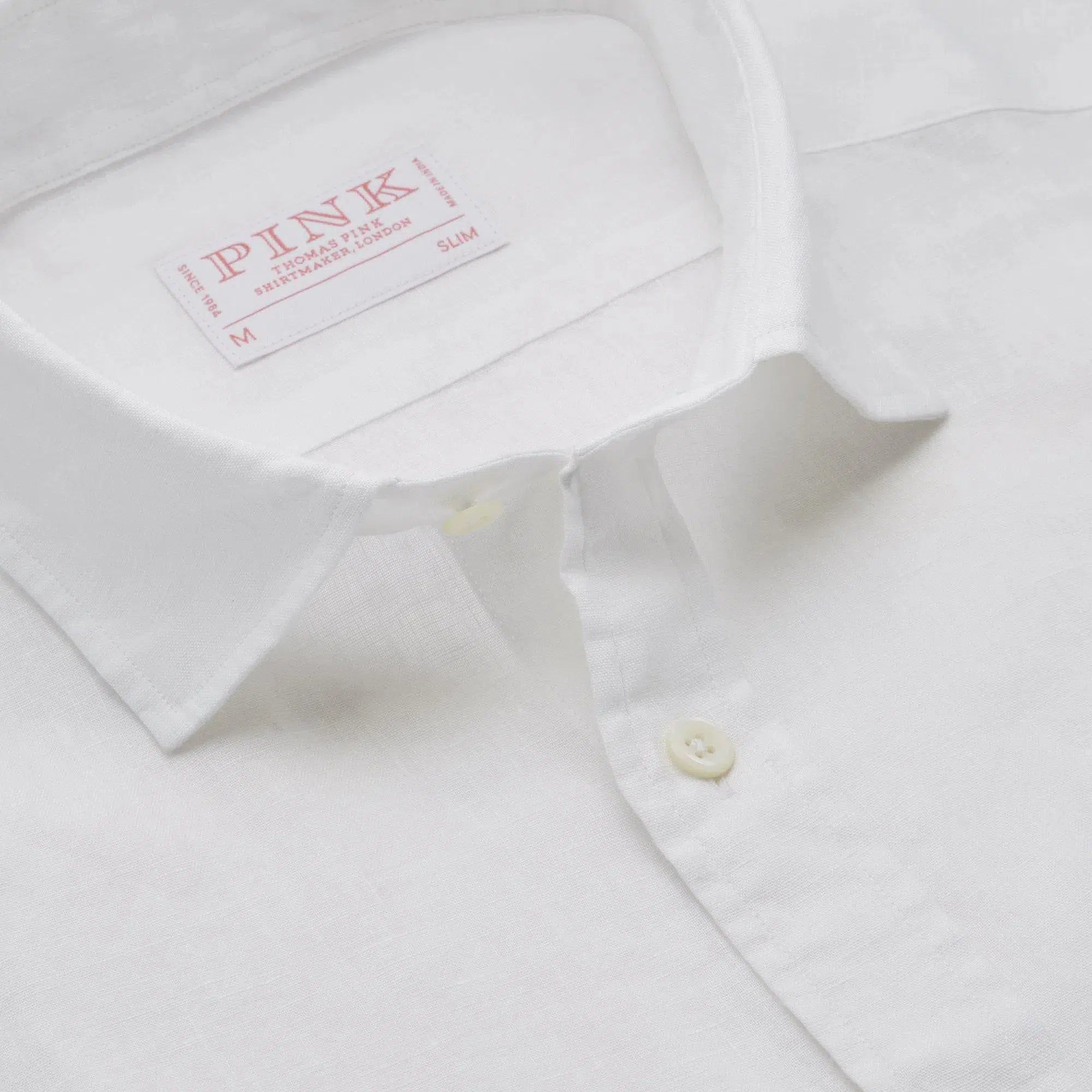 Thomas Pink Shirt Slim Fit Linen Plain White Cotton-MALFORD OF LONDON SAVILE ROW MENSWEAR OUTLET