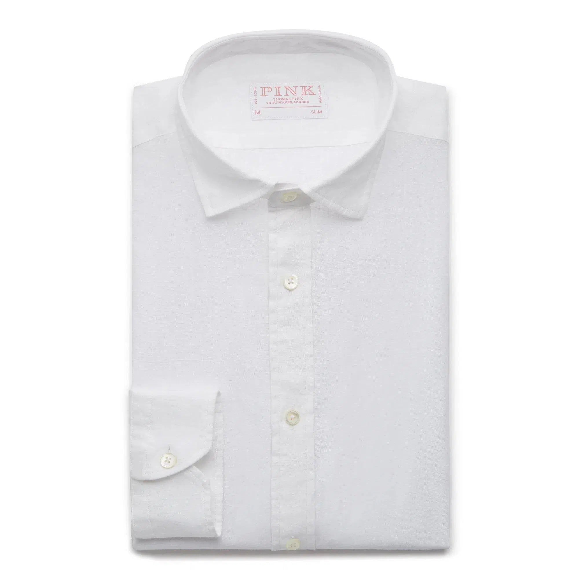 Thomas Pink Shirt Slim Fit Linen Plain White Cotton-MALFORD OF LONDON SAVILE ROW MENSWEAR OUTLET