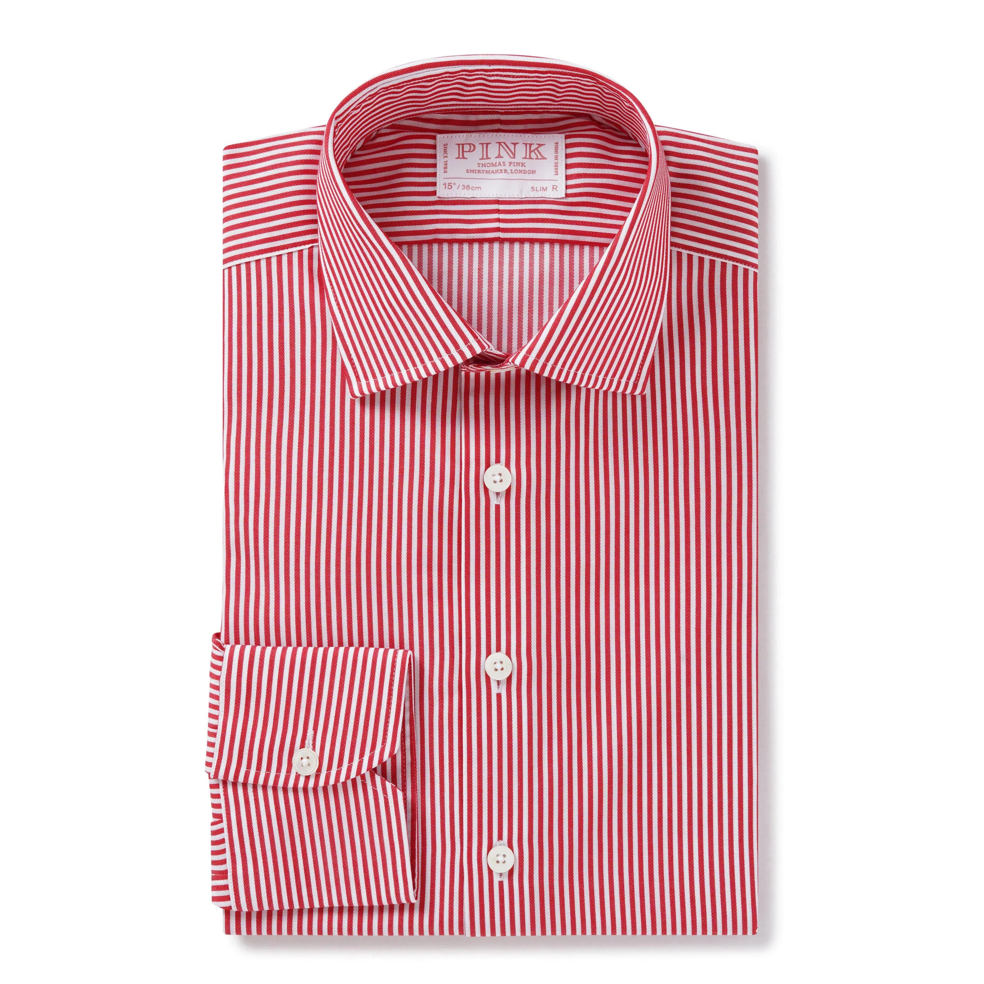 Thomas Pink Shirt Slim Fit Stripe Red Formal Cotton-MALFORD OF LONDON SAVILE ROW MENSWEAR OUTLET