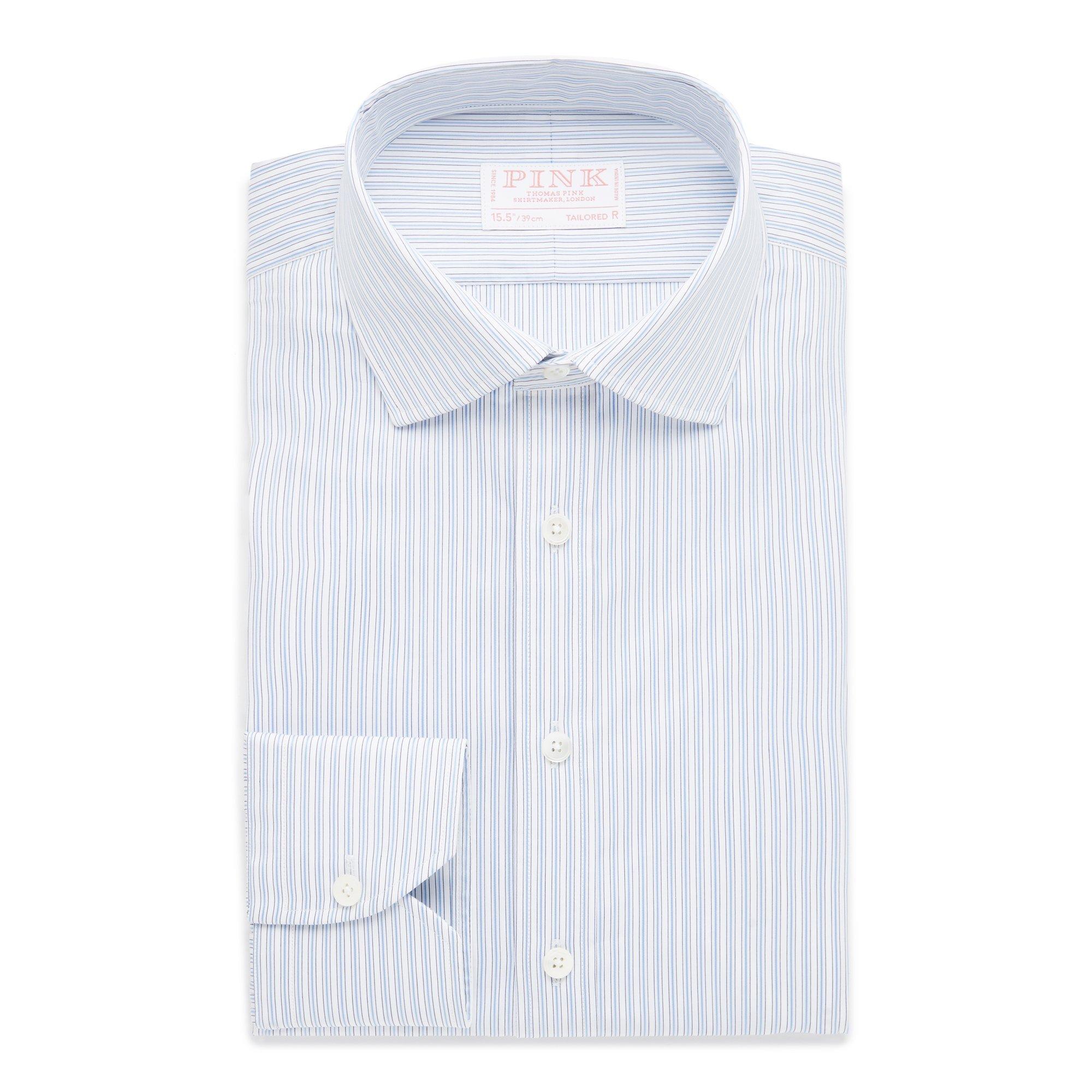 Thomas Pink Shirt Tailored Fit Poplin Stripe Blue Formal Cotton-MALFORD OF LONDON SAVILE ROW MENSWEAR OUTLET