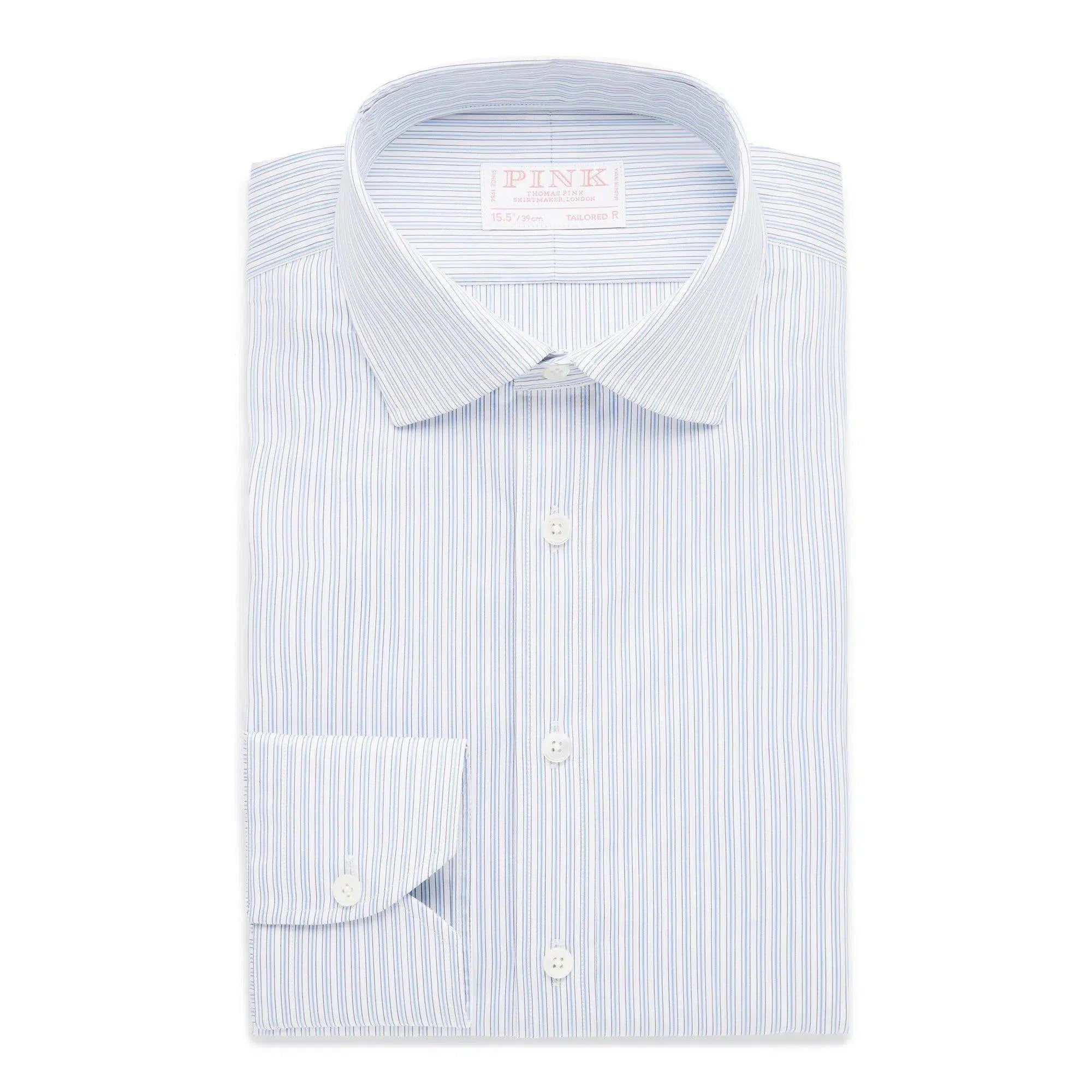 Thomas Pink Shirt Tailored Fit Poplin Stripe Blue Formal Cotton-MALFORD OF LONDON SAVILE ROW MENSWEAR OUTLET