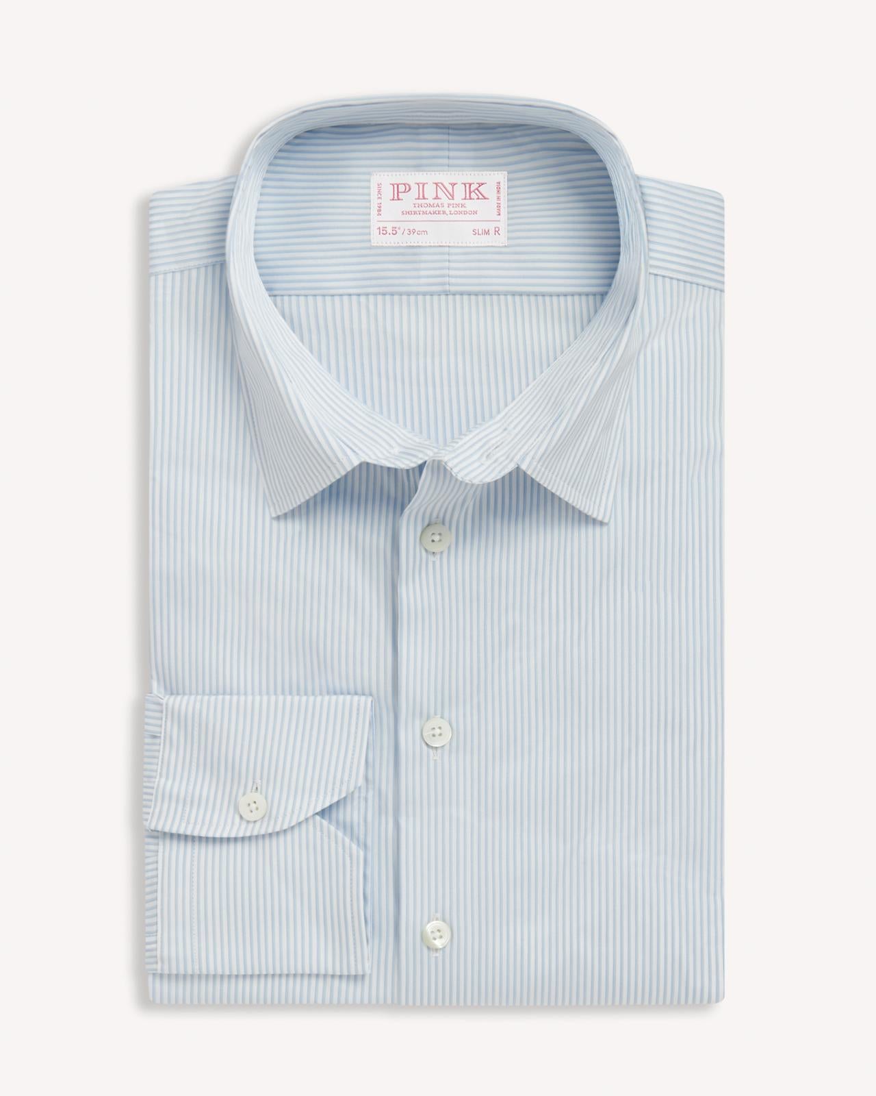 Thomas Pink Shirt Tailored Fit Stretch Poplin Stripe Blue Formal Cotton RRP155-MALFORD OF LONDON SAVILE ROW MENSWEAR OUTLET