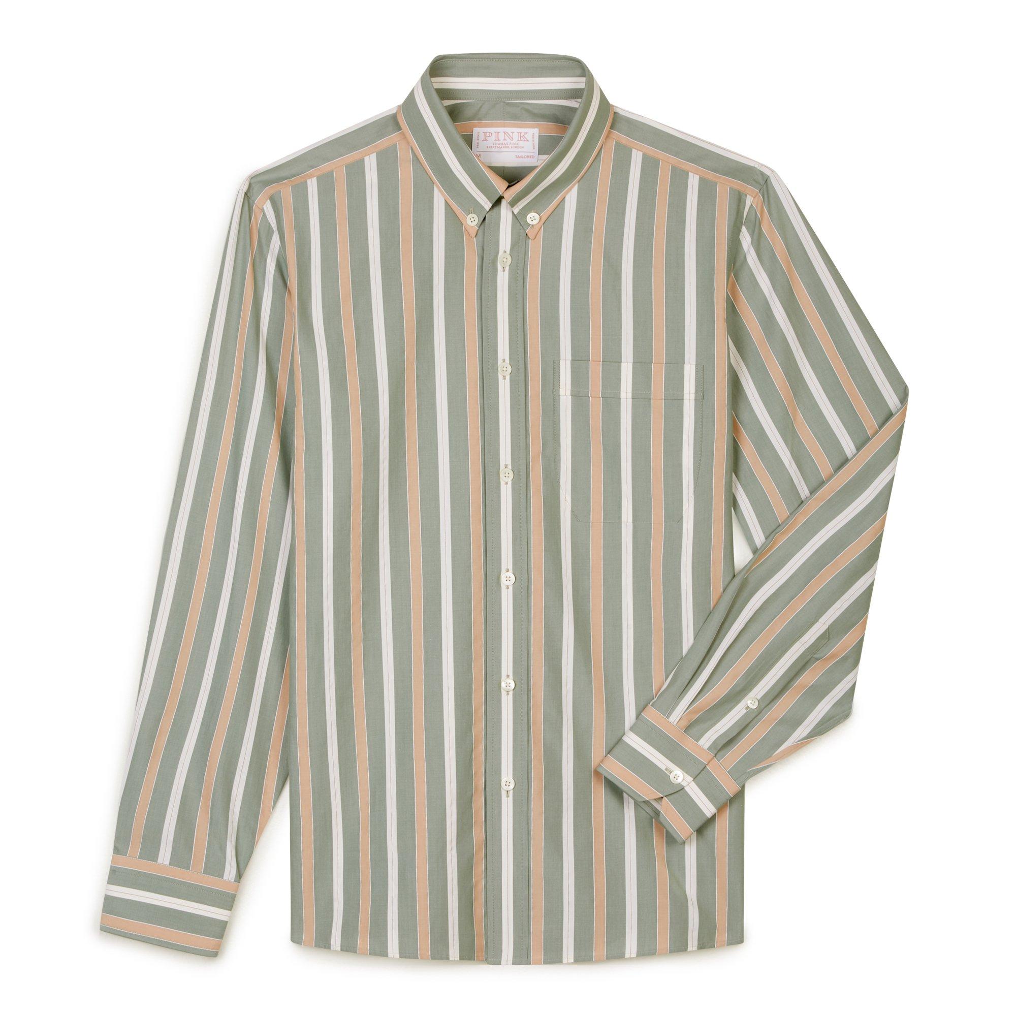 Thomas Pink Shirt Tailored Fit Stripe Green Cotton-MALFORD OF LONDON SAVILE ROW MENSWEAR OUTLET