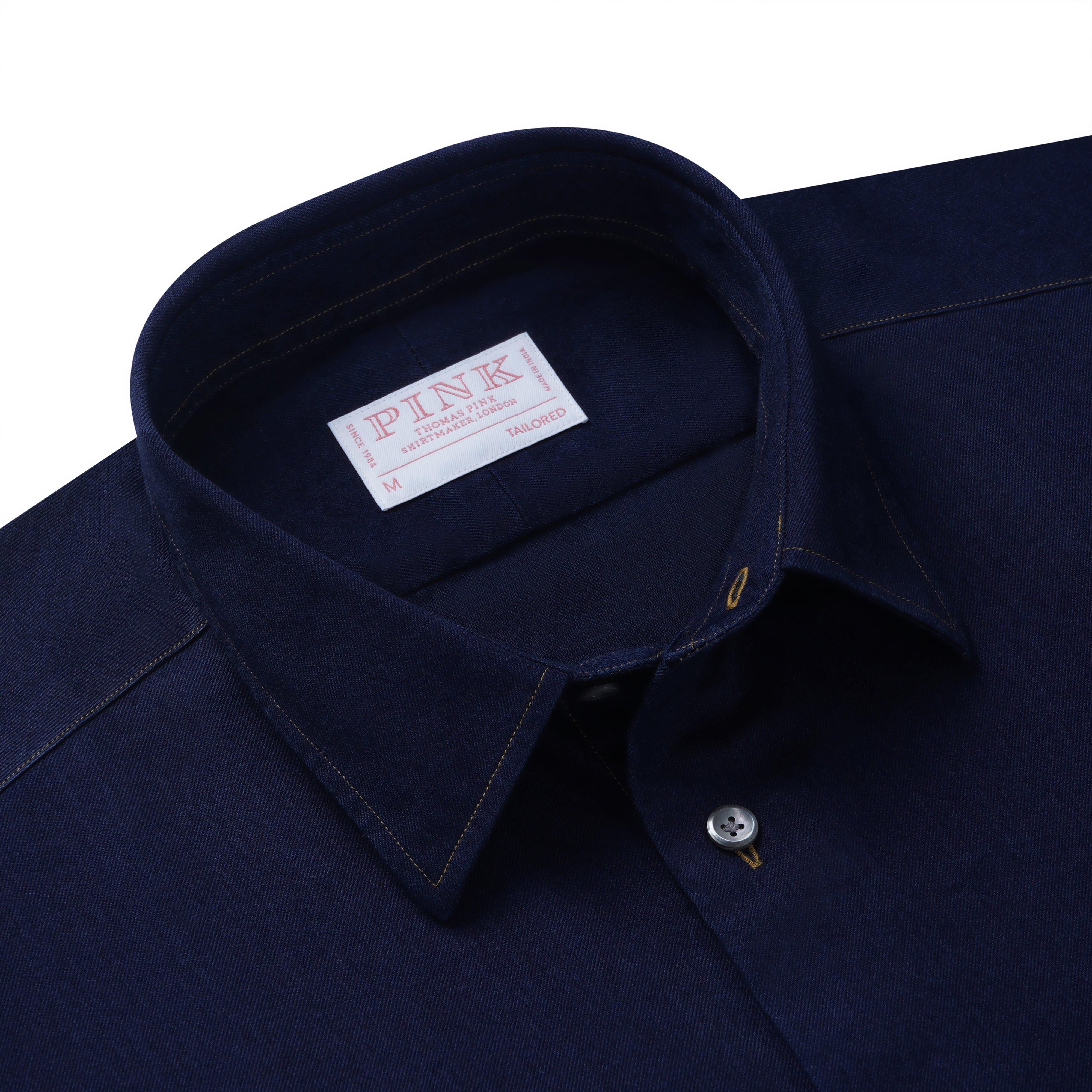 Thomas Pink Shirt Tailored Fit Twill Plain Blue Cotton-MALFORD OF LONDON SAVILE ROW MENSWEAR OUTLET