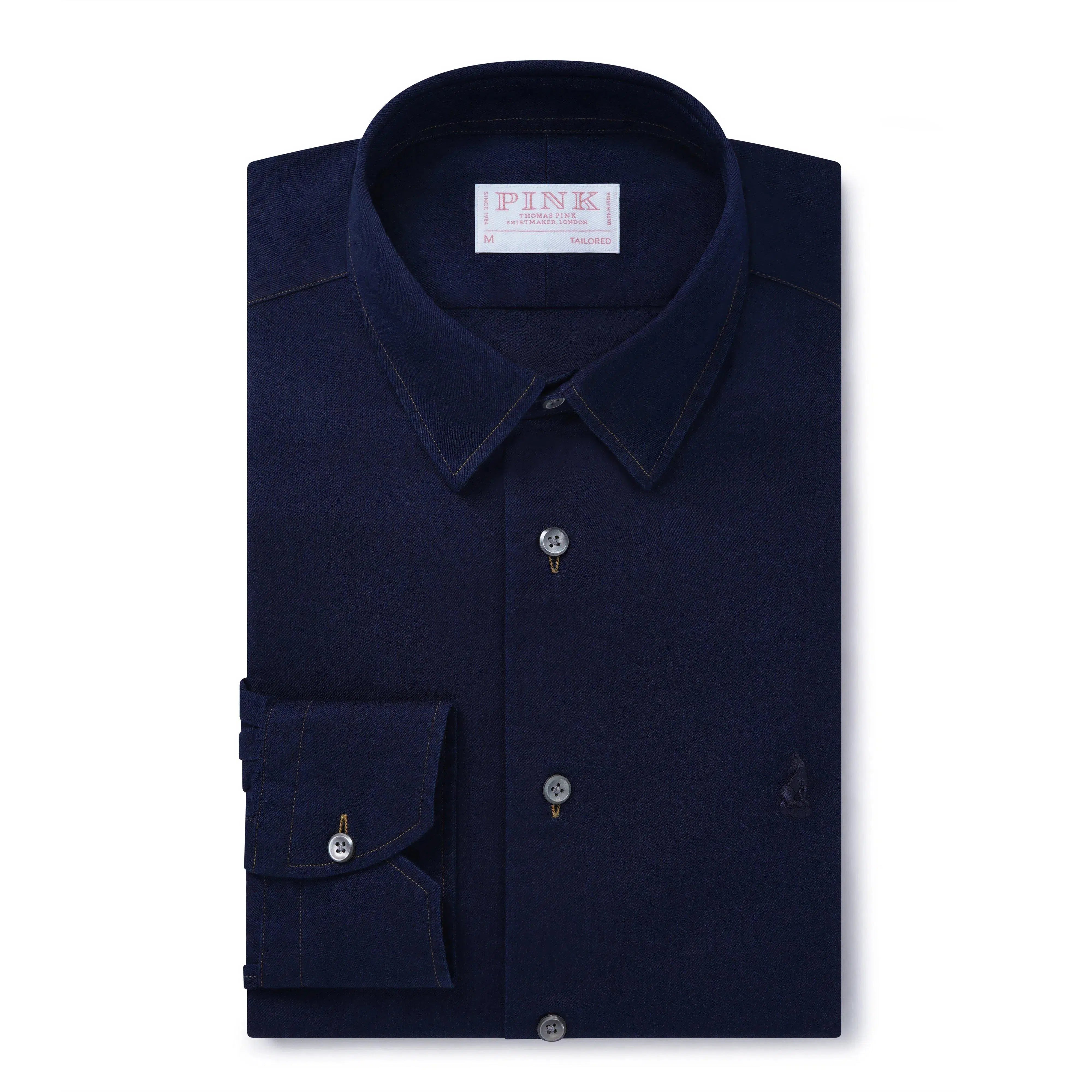 Thomas Pink Shirt Tailored Fit Twill Plain Blue Cotton-MALFORD OF LONDON SAVILE ROW MENSWEAR OUTLET