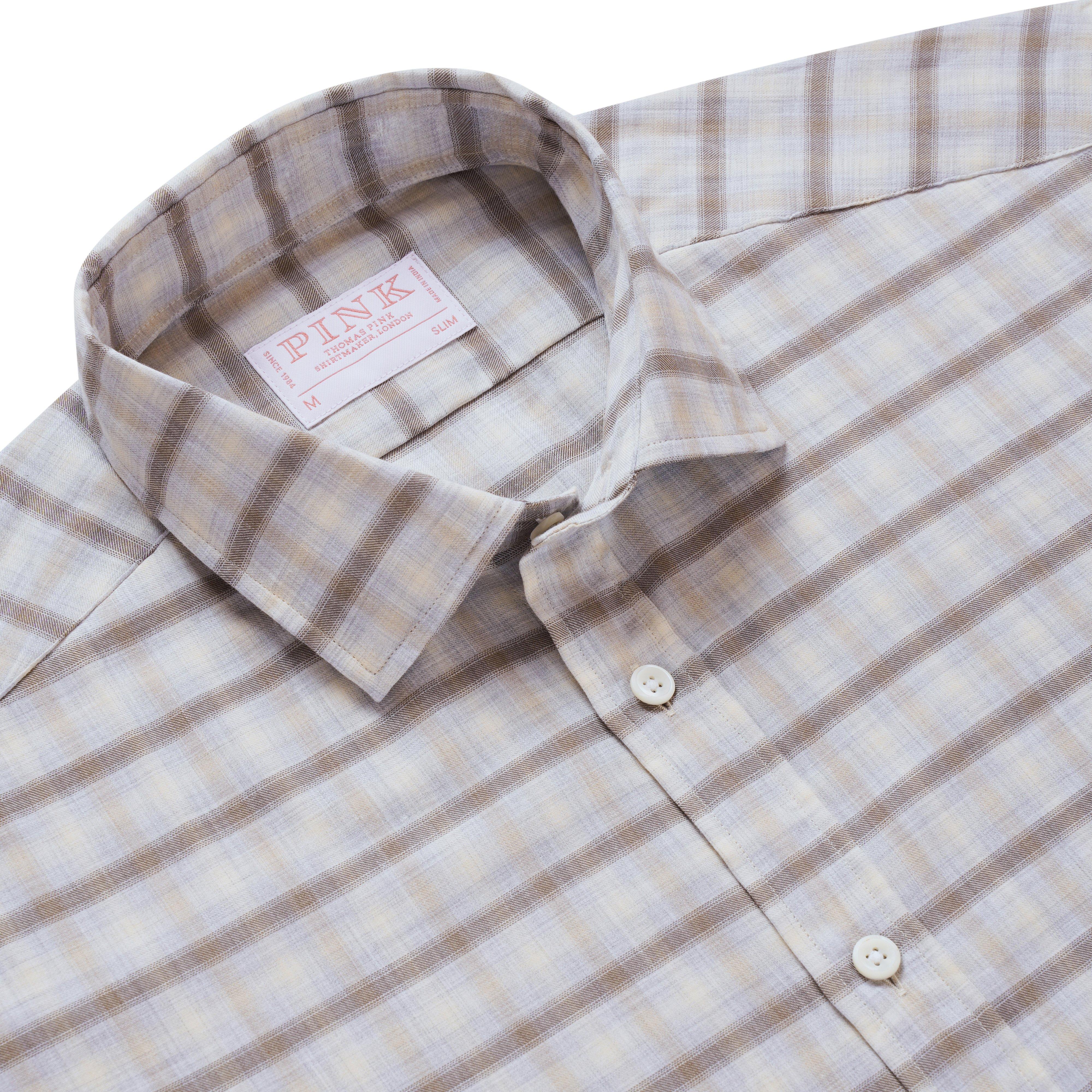 Thomas Pink Slim Fit Casual Melange Twill Plaid Check Shirt Pale Grey/Brown-MALFORD OF LONDON SAVILE ROW MENSWEAR OUTLET