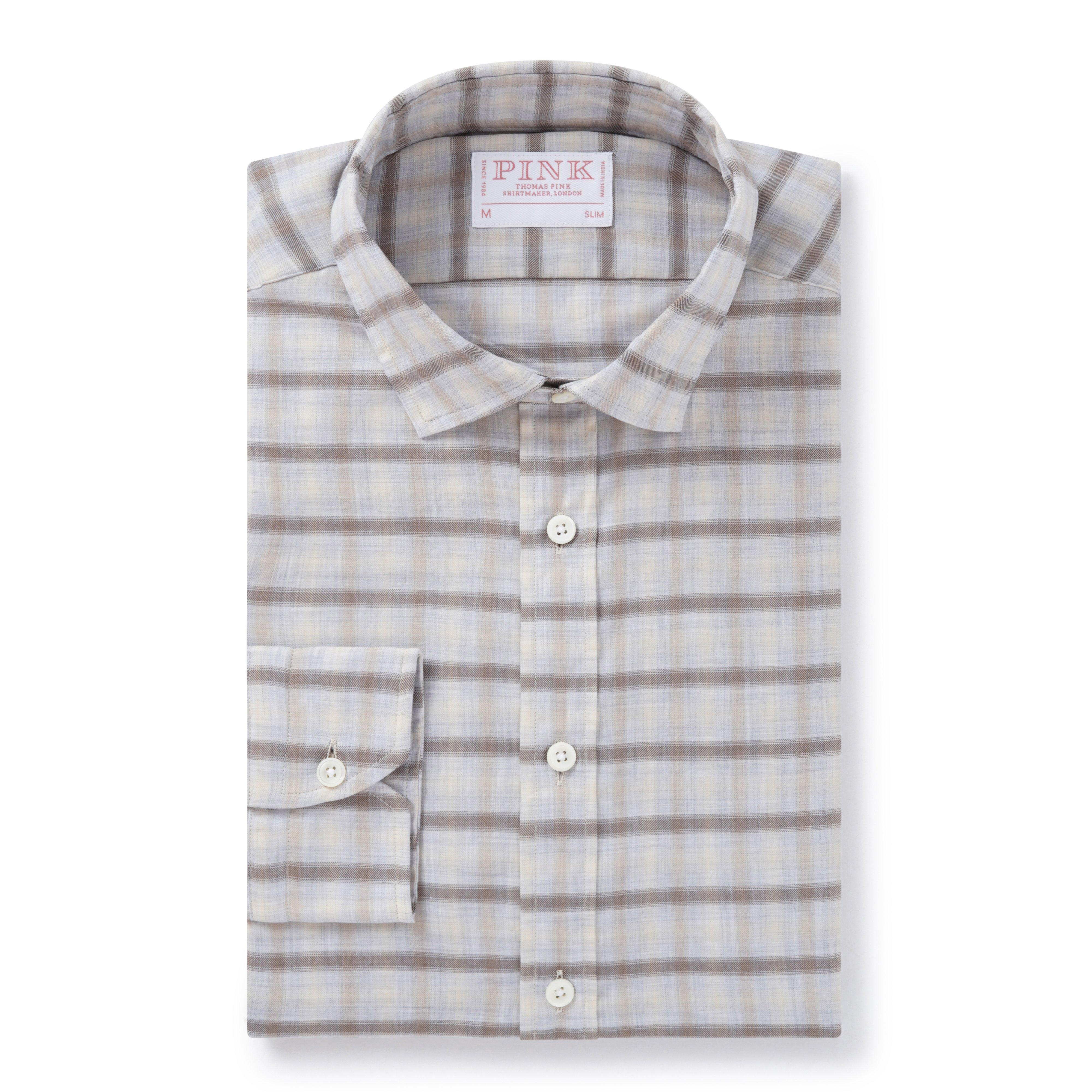 Thomas Pink Slim Fit Casual Melange Twill Plaid Check Shirt Pale Grey/Brown-MALFORD OF LONDON SAVILE ROW MENSWEAR OUTLET