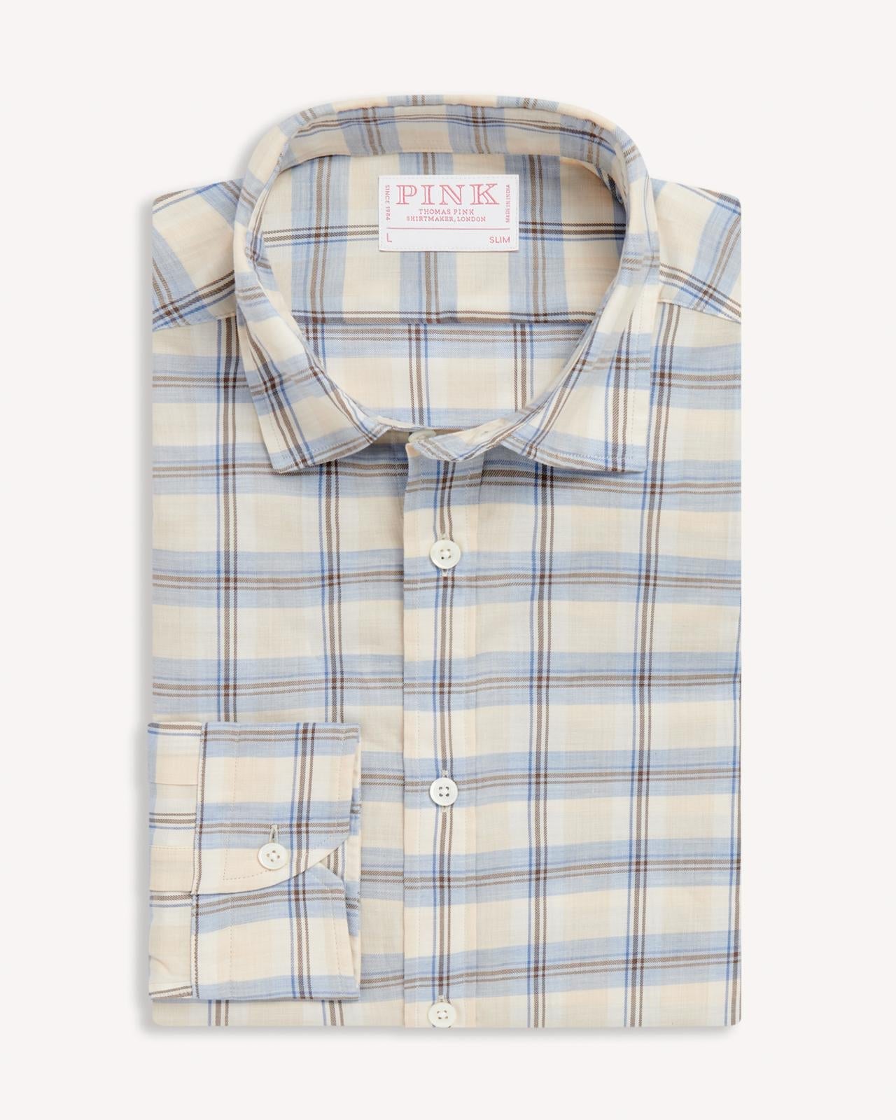 Thomas Pink Slim Fit Casual Plaid Check Shirt Brown/Blue-MALFORD OF LONDON SAVILE ROW MENSWEAR OUTLET