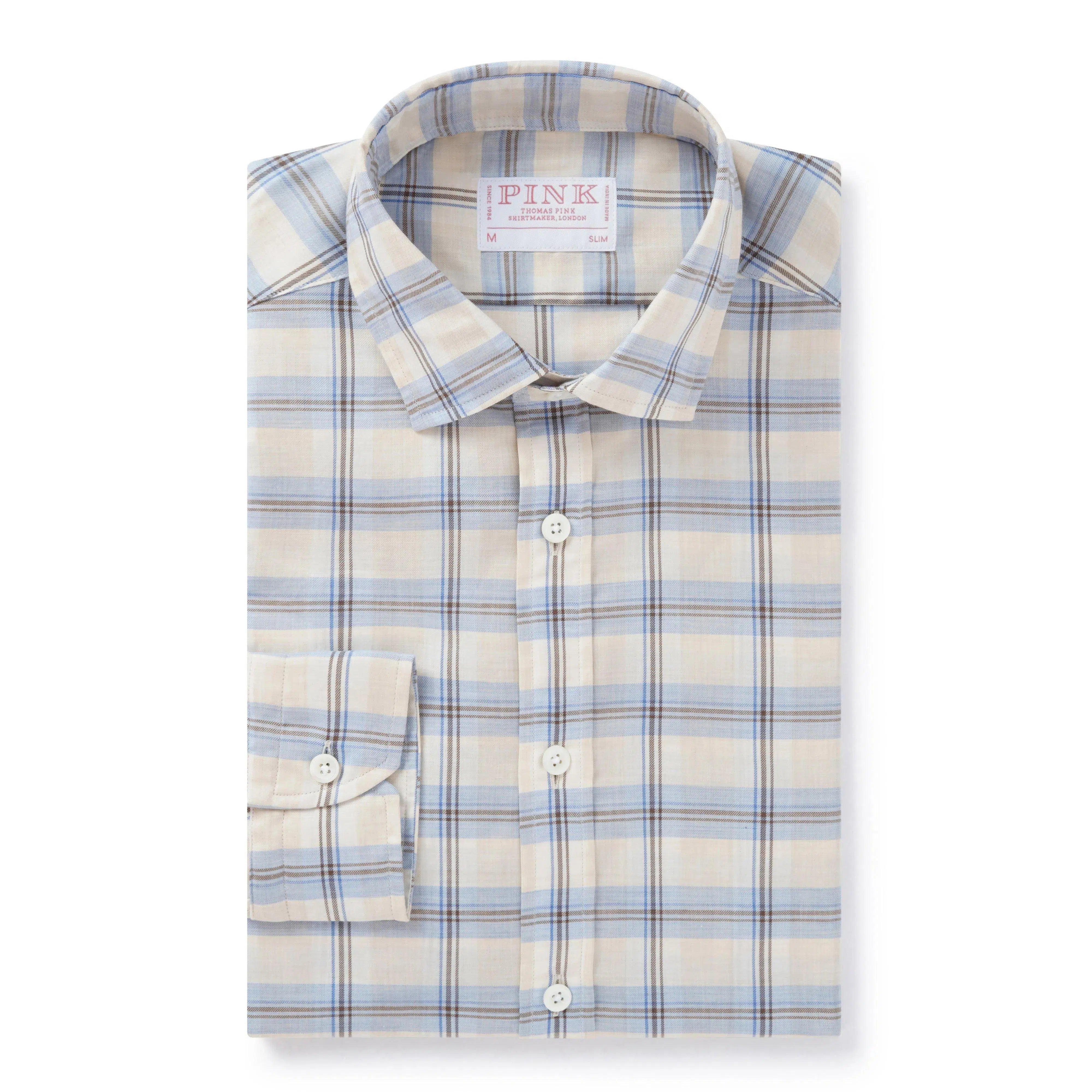 Thomas Pink Slim Fit Casual Plaid Check Shirt Brown/Blue-MALFORD OF LONDON SAVILE ROW MENSWEAR OUTLET