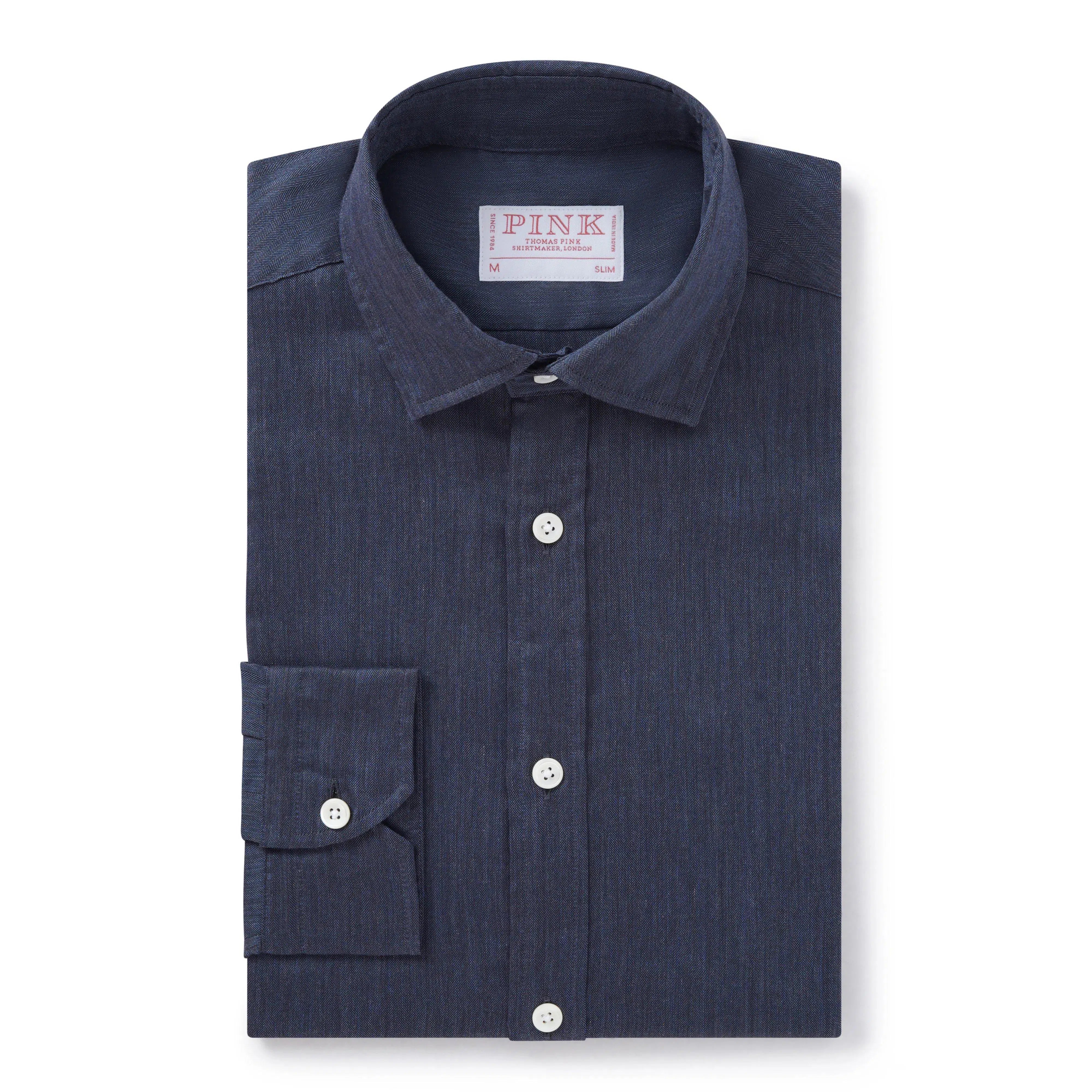 Thomas Pink Slim Fit Casual Tonal Herringbone Shirt Pale Grey/Grey-MALFORD OF LONDON SAVILE ROW MENSWEAR OUTLET