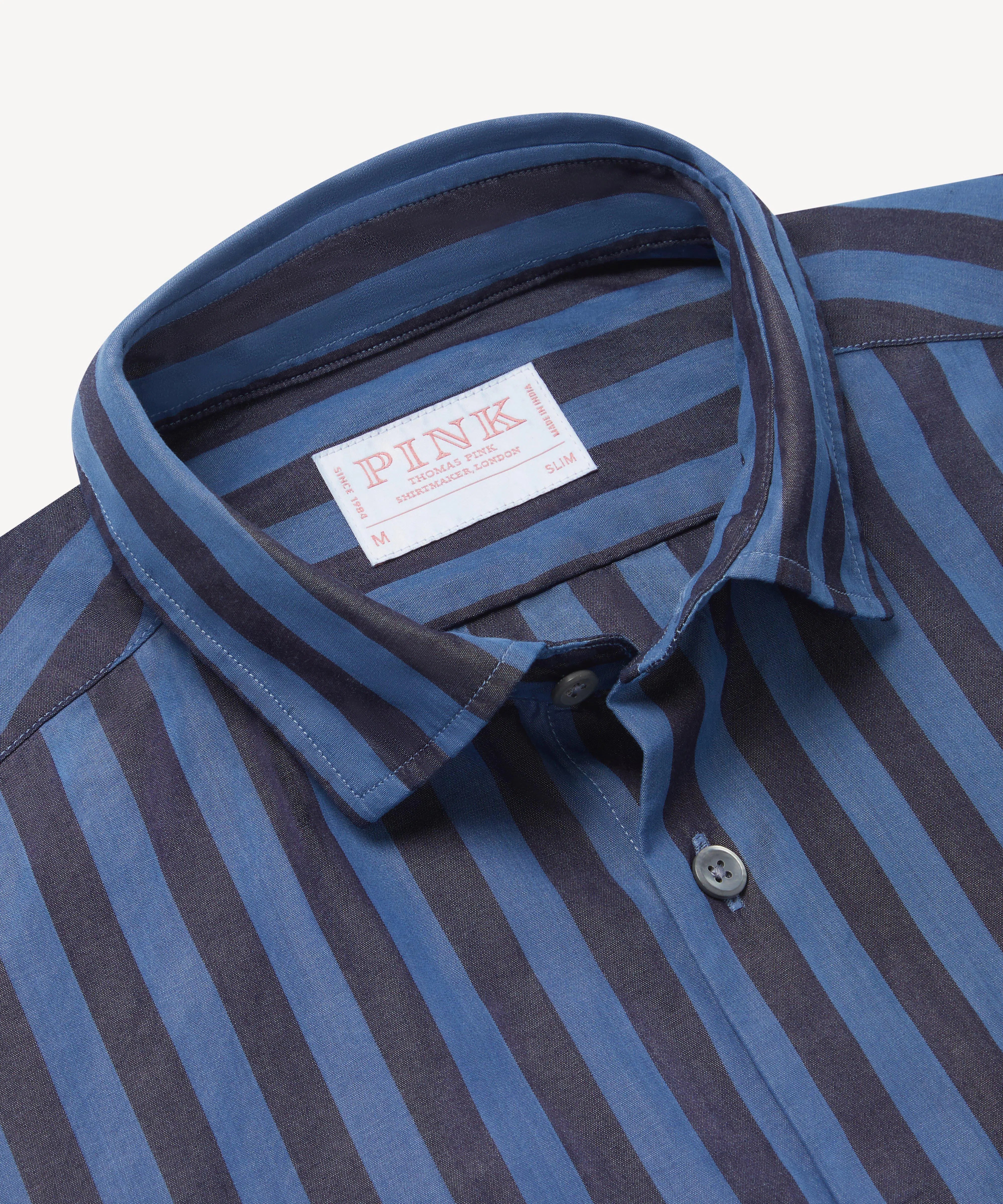 Thomas Pink Slim Fit Smart Casual Indigo Wide Stripe Shirt-MALFORD OF LONDON SAVILE ROW MENSWEAR OUTLET