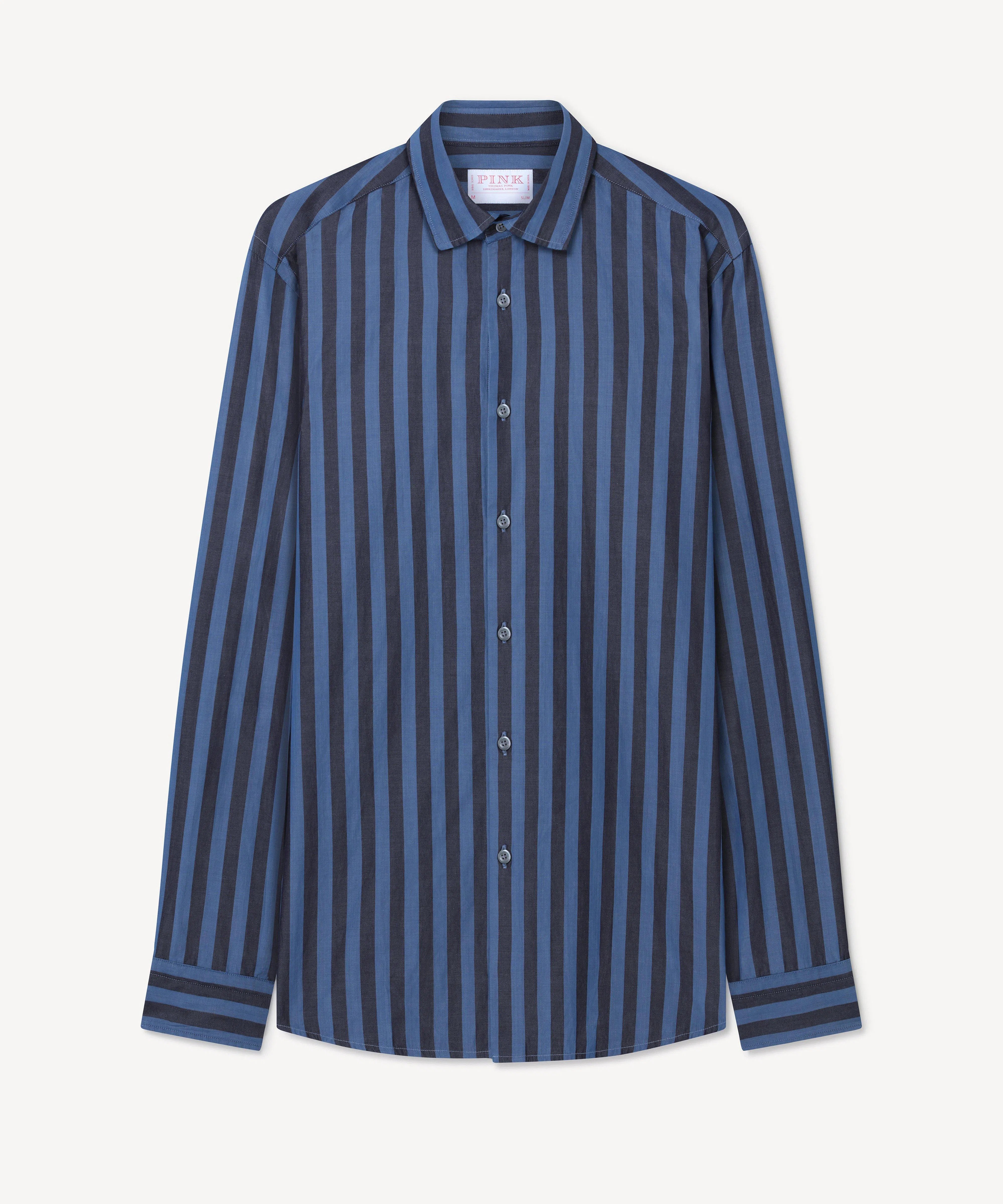 Thomas Pink Slim Fit Smart Casual Indigo Wide Stripe Shirt-MALFORD OF LONDON SAVILE ROW MENSWEAR OUTLET