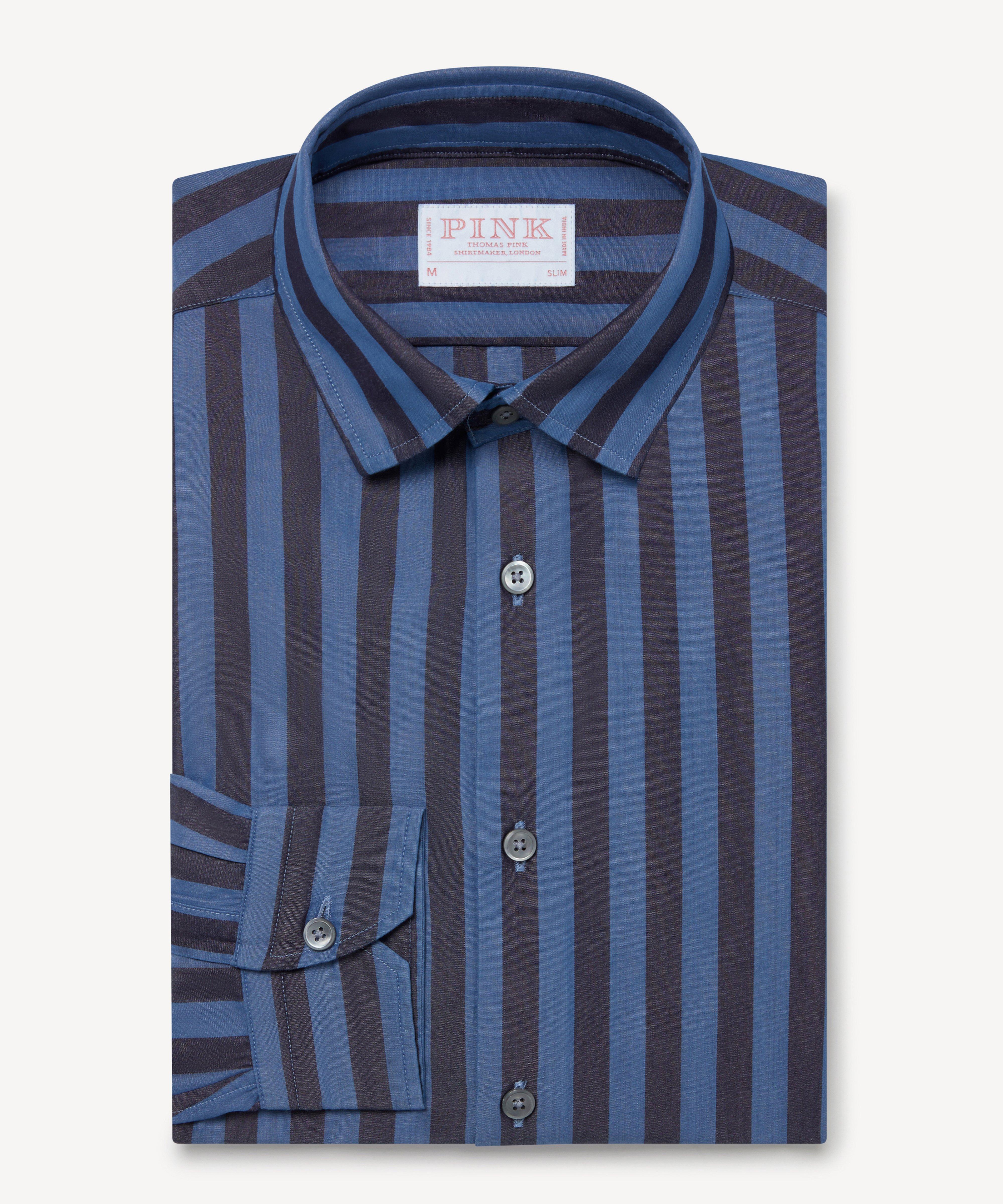 Thomas Pink Slim Fit Smart Casual Indigo Wide Stripe Shirt-MALFORD OF LONDON SAVILE ROW MENSWEAR OUTLET