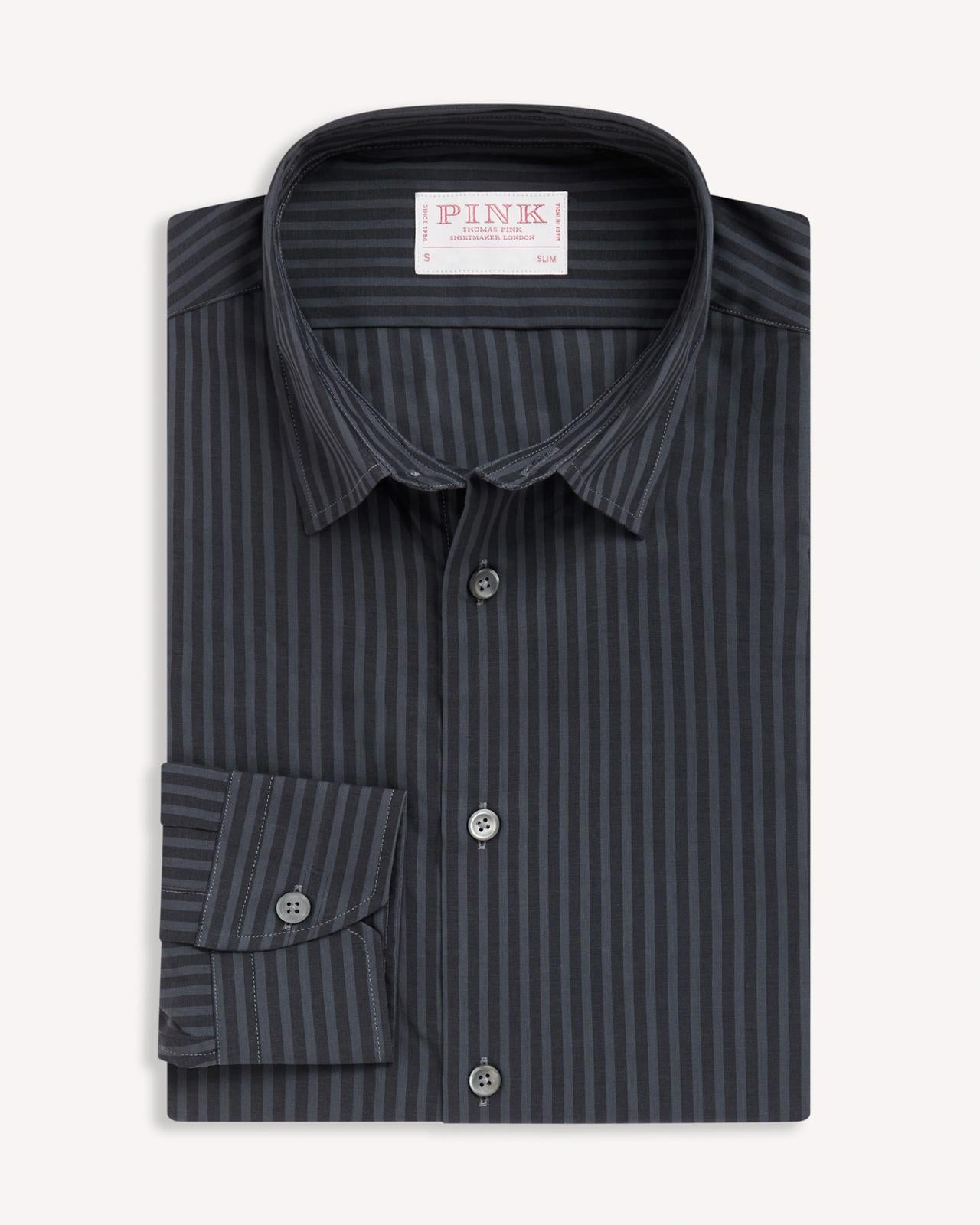 Thomas Pink Slim Fit Smart Casual Tonal Stripe Shirt Charcoal/Black-MALFORD OF LONDON SAVILE ROW MENSWEAR OUTLET