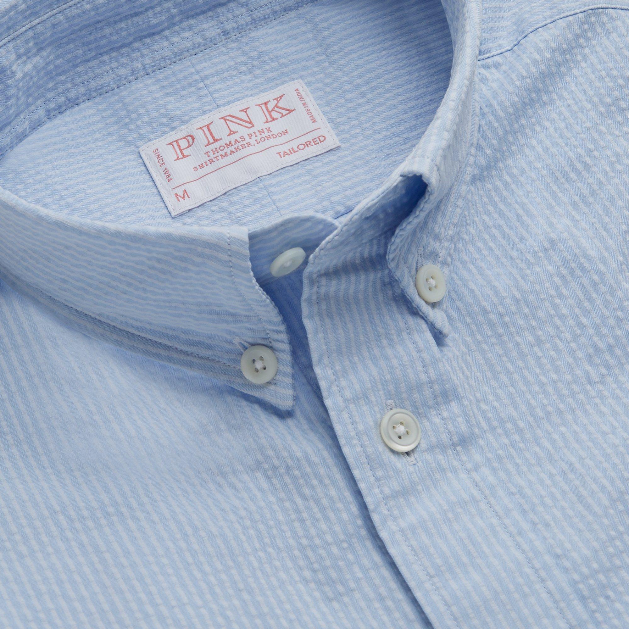 Thomas Pink Tailored Fit Casual Seersucker Stripe Shirt Pale Blue-MALFORD OF LONDON SAVILE ROW MENSWEAR OUTLET