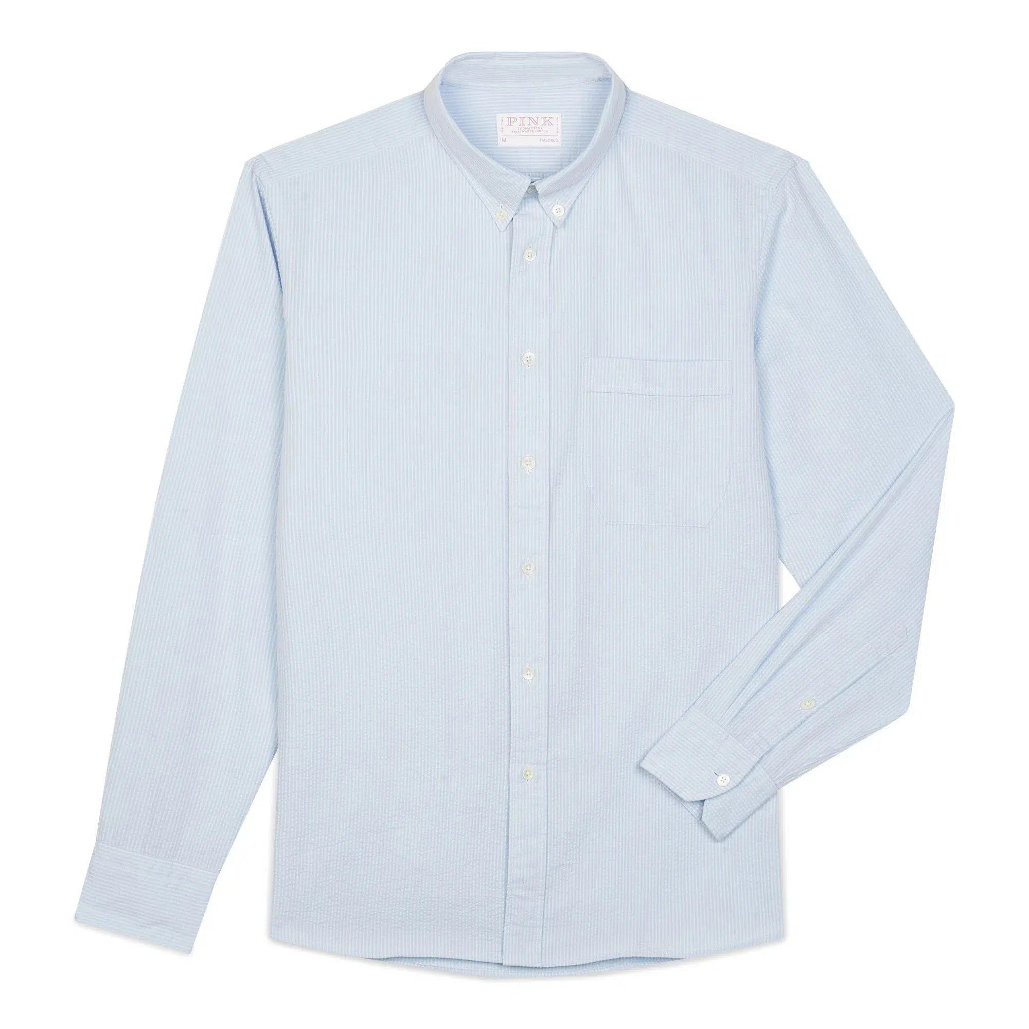 Thomas Pink Tailored Fit Casual Seersucker Stripe Shirt Pale Blue-MALFORD OF LONDON SAVILE ROW MENSWEAR OUTLET