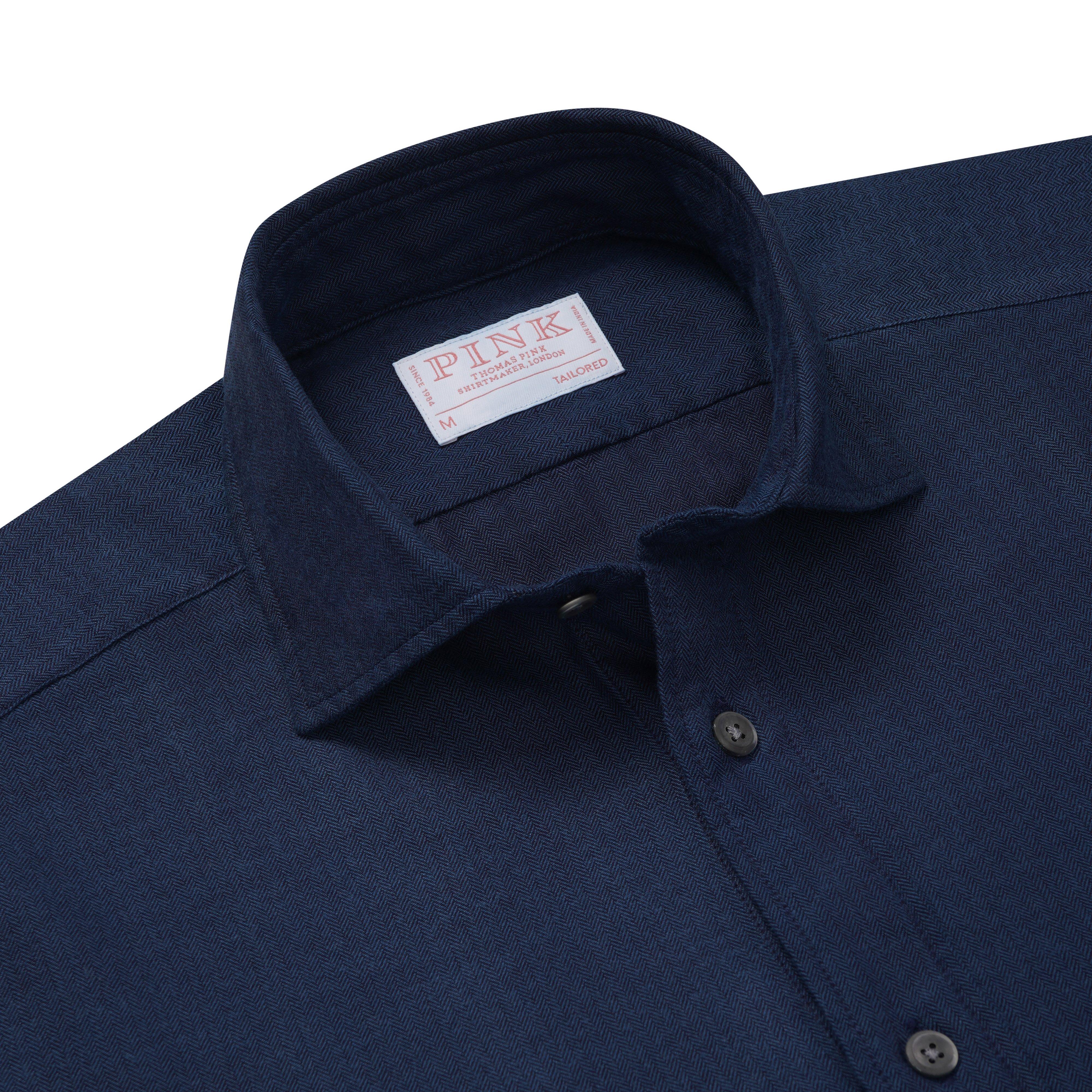 Thomas Pink Tailored Fit Smart Casual Indigo Herringbone Shirt-MALFORD OF LONDON SAVILE ROW MENSWEAR OUTLET