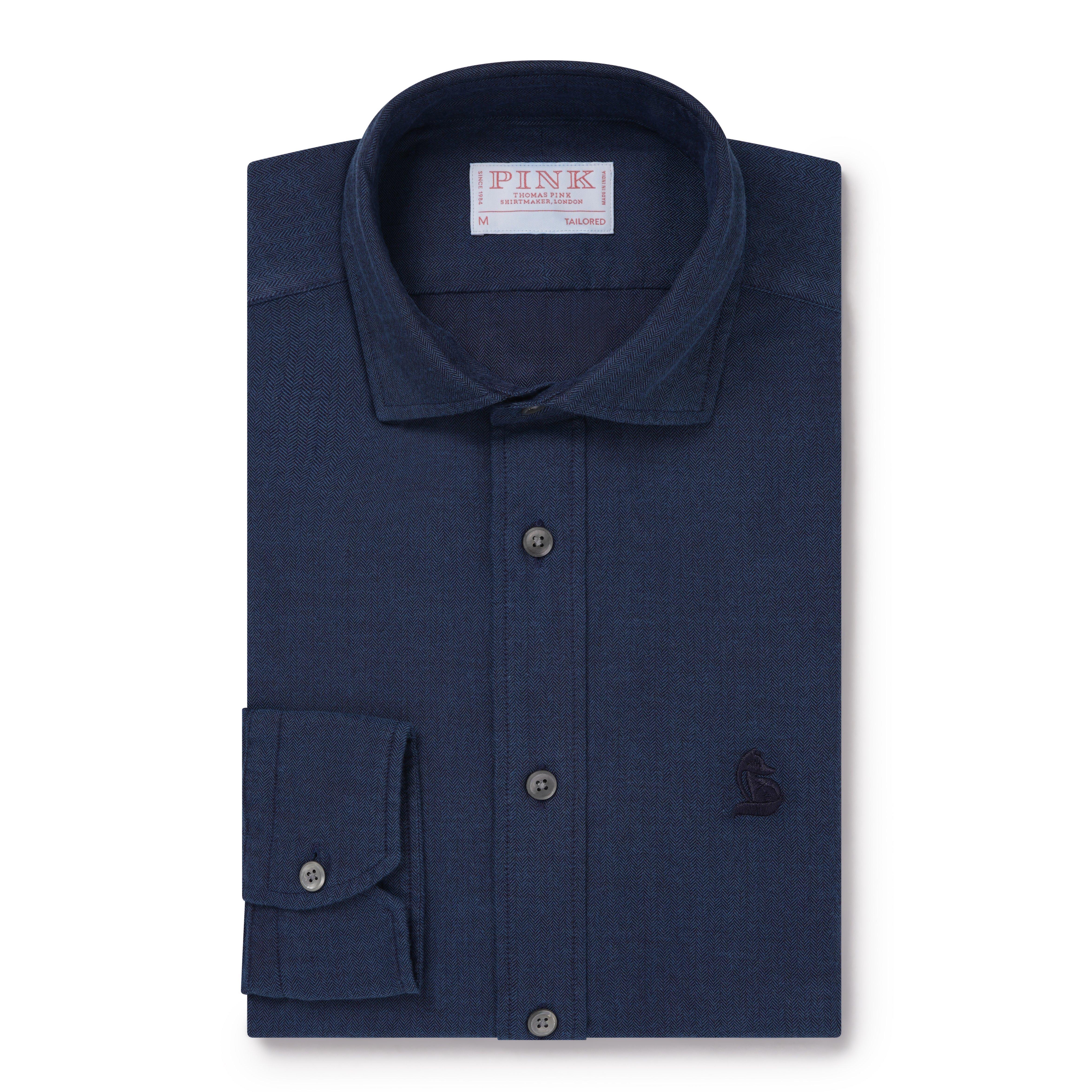 Thomas Pink Tailored Fit Smart Casual Indigo Herringbone Shirt-MALFORD OF LONDON SAVILE ROW MENSWEAR OUTLET