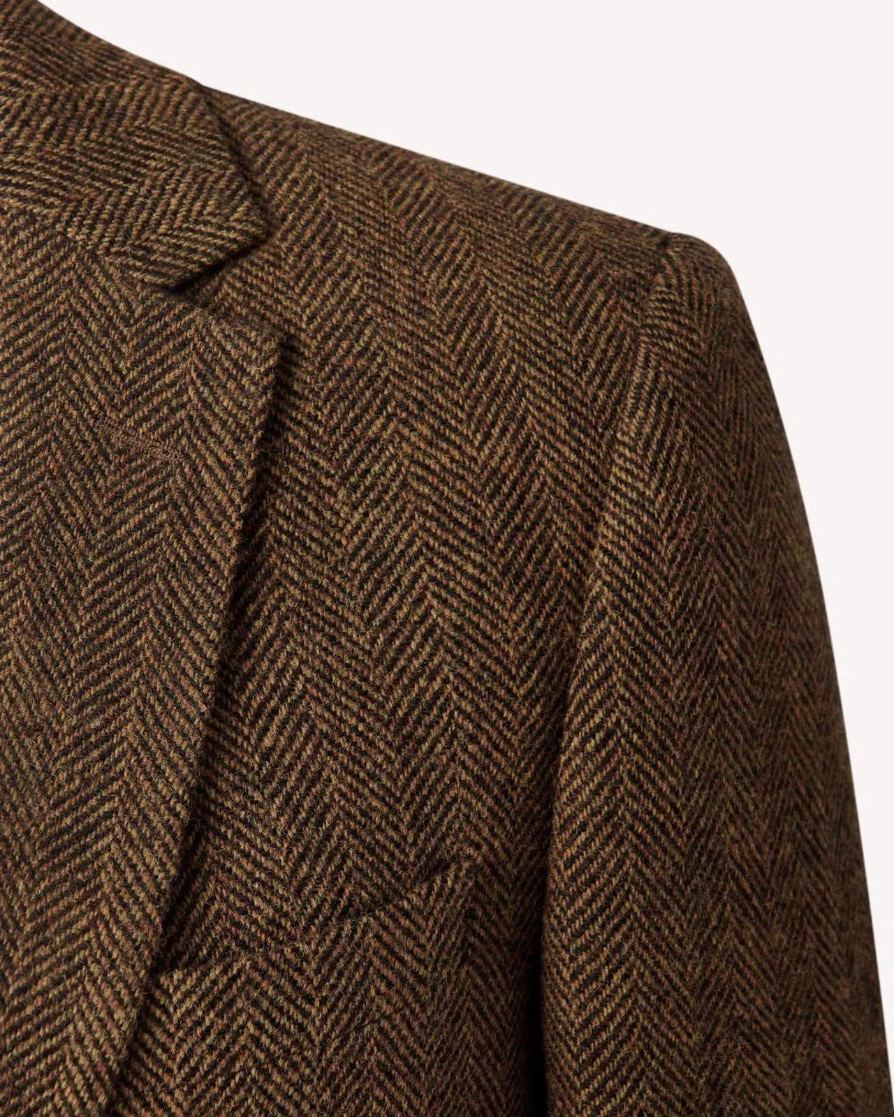 Two Button Wool Jacket Fawn Herringbone Olive Brown-MALFORD OF LONDON SAVILE ROW MENSWEAR OUTLET