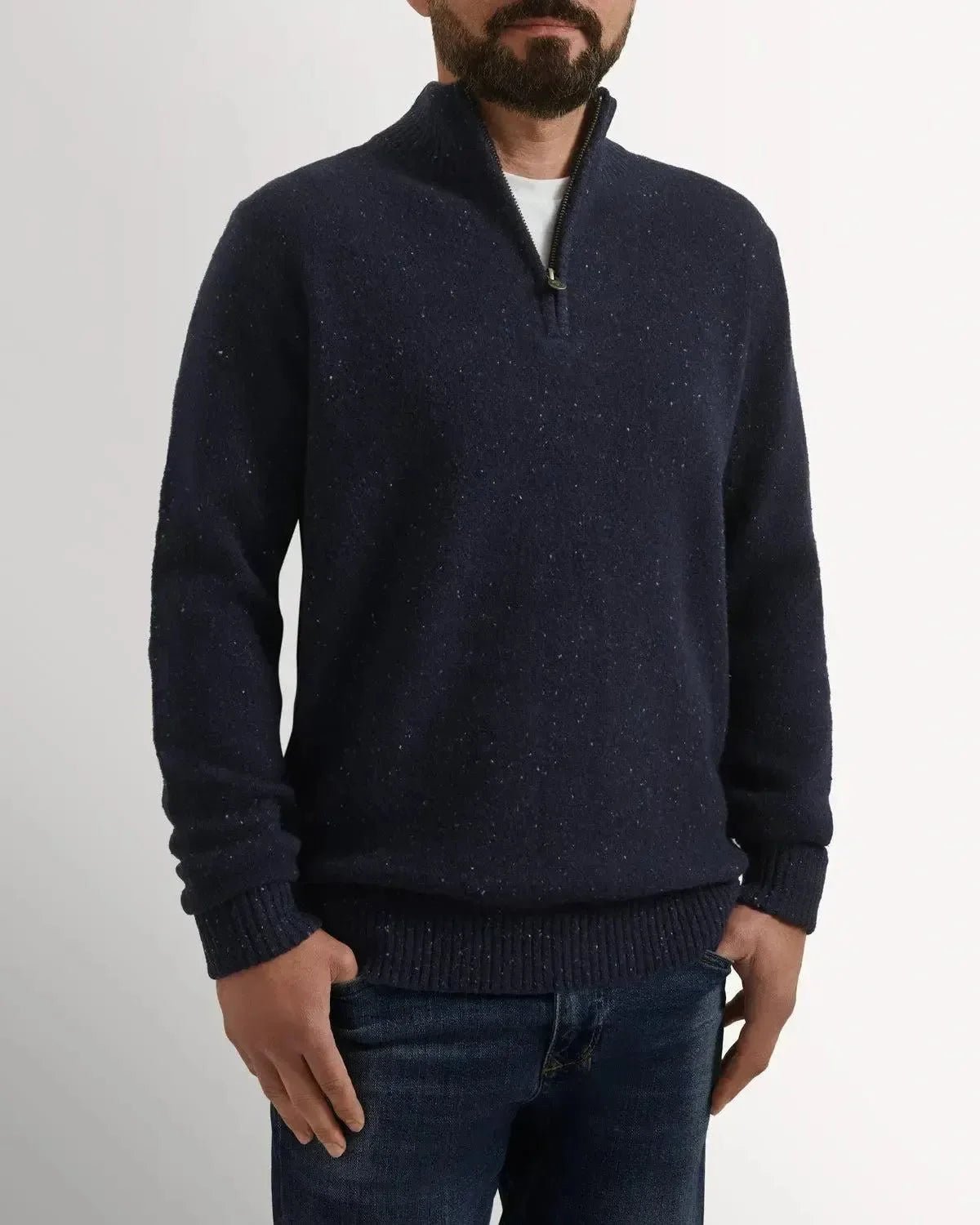 Bernard Weatherill 1/4 Zip Melange Neps Navy Flec - Malford_of_London_Tailoring_Archive