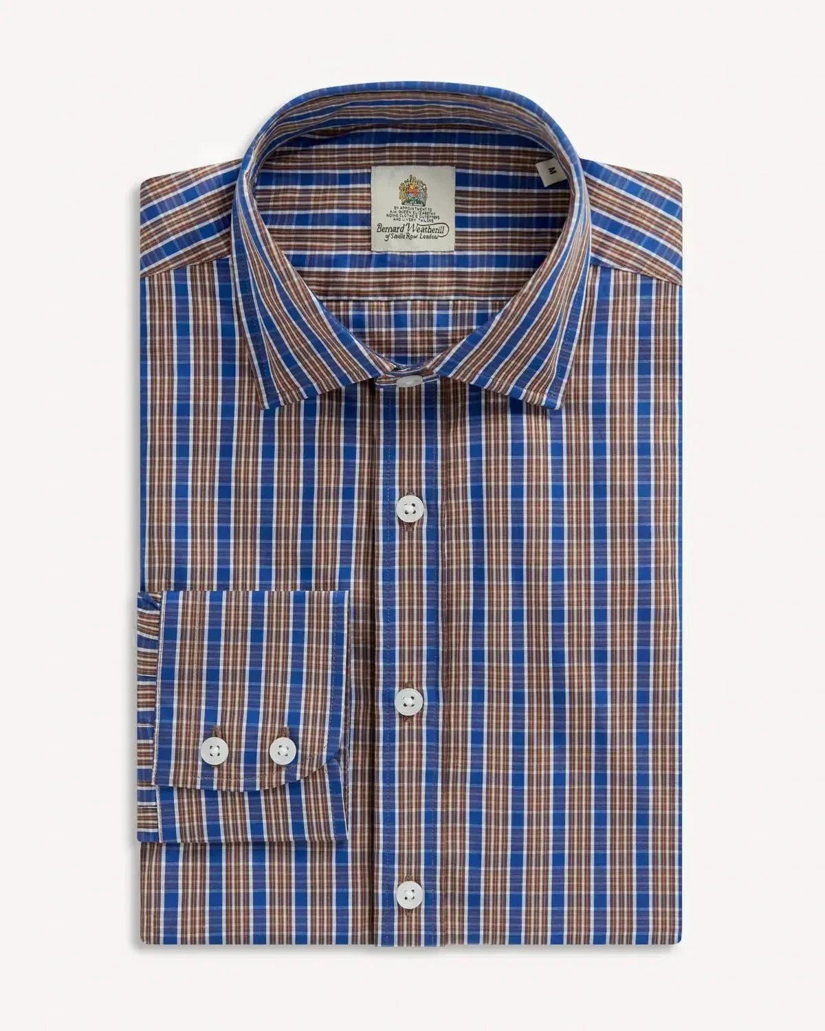 Bernard Weatherill Check Semi Cutaway Poplin Shirt Blue Brown - Malford_of_London_Tailoring_Archive