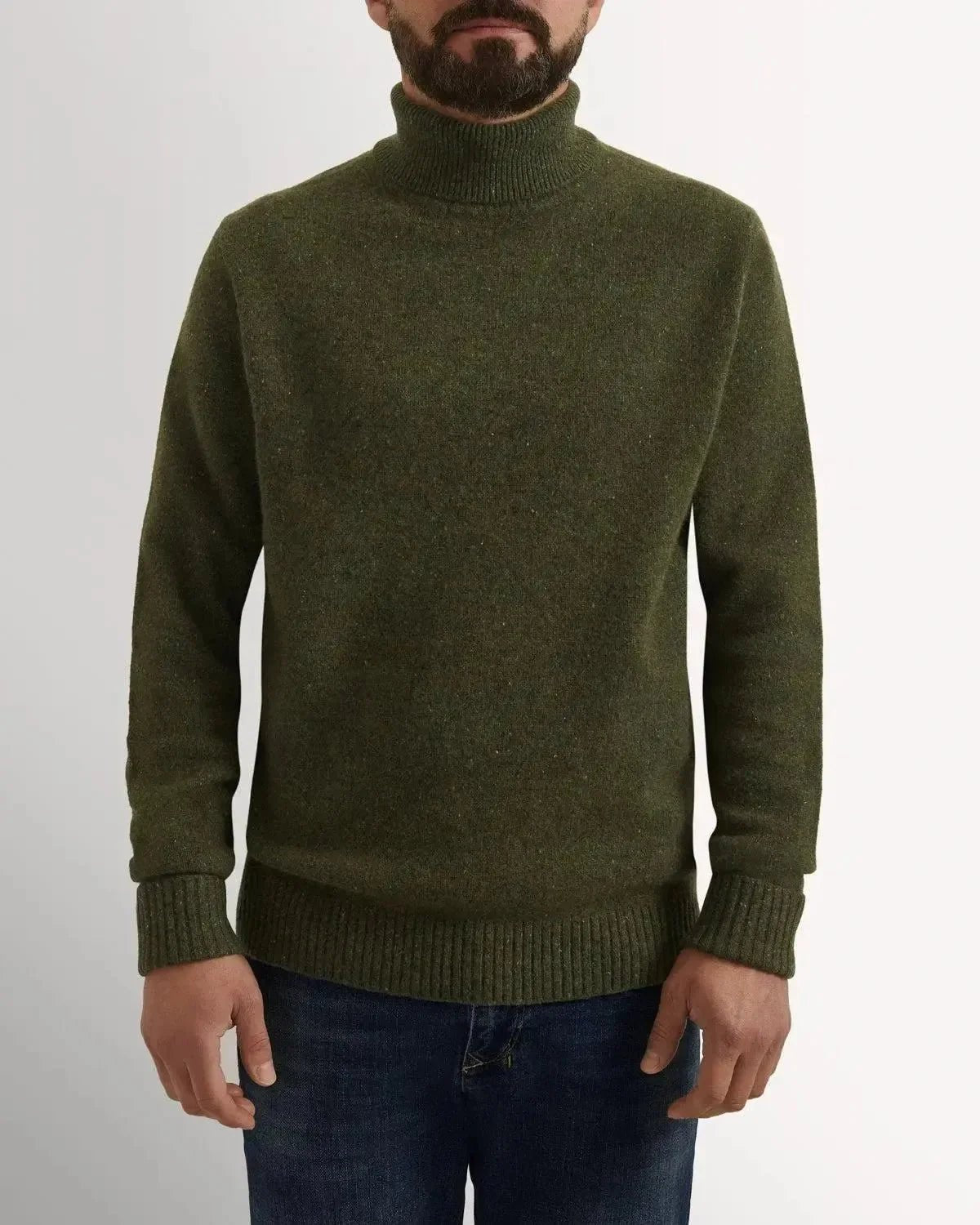 Bernard Weatherill Plain Roll Neck Melange Tweed Thyme Flec - Malford_of_London_Tailoring_Archive