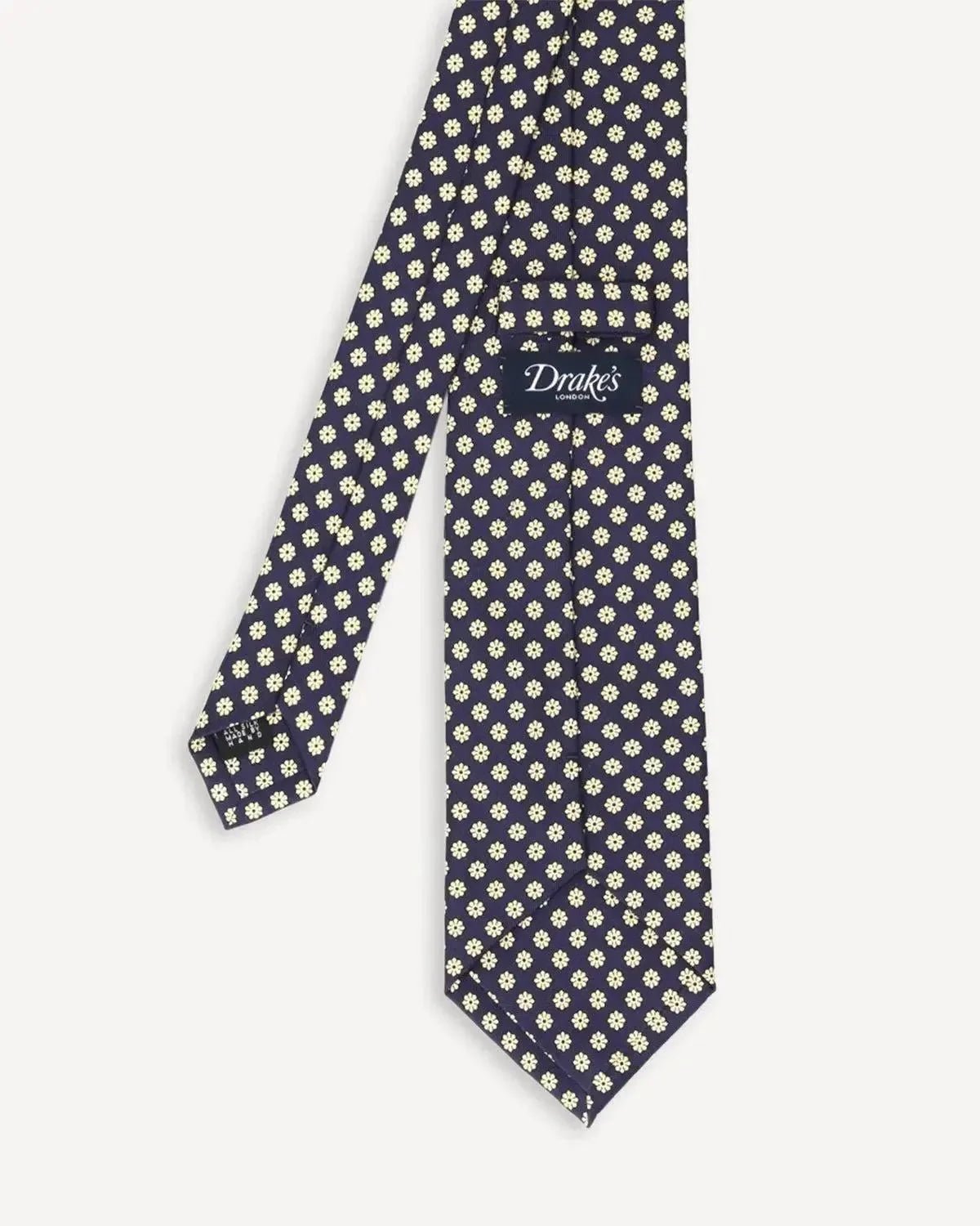 Drake's Floral Print Silk Tie Navy Yellow - Malford_of_London_Tailoring_Archive