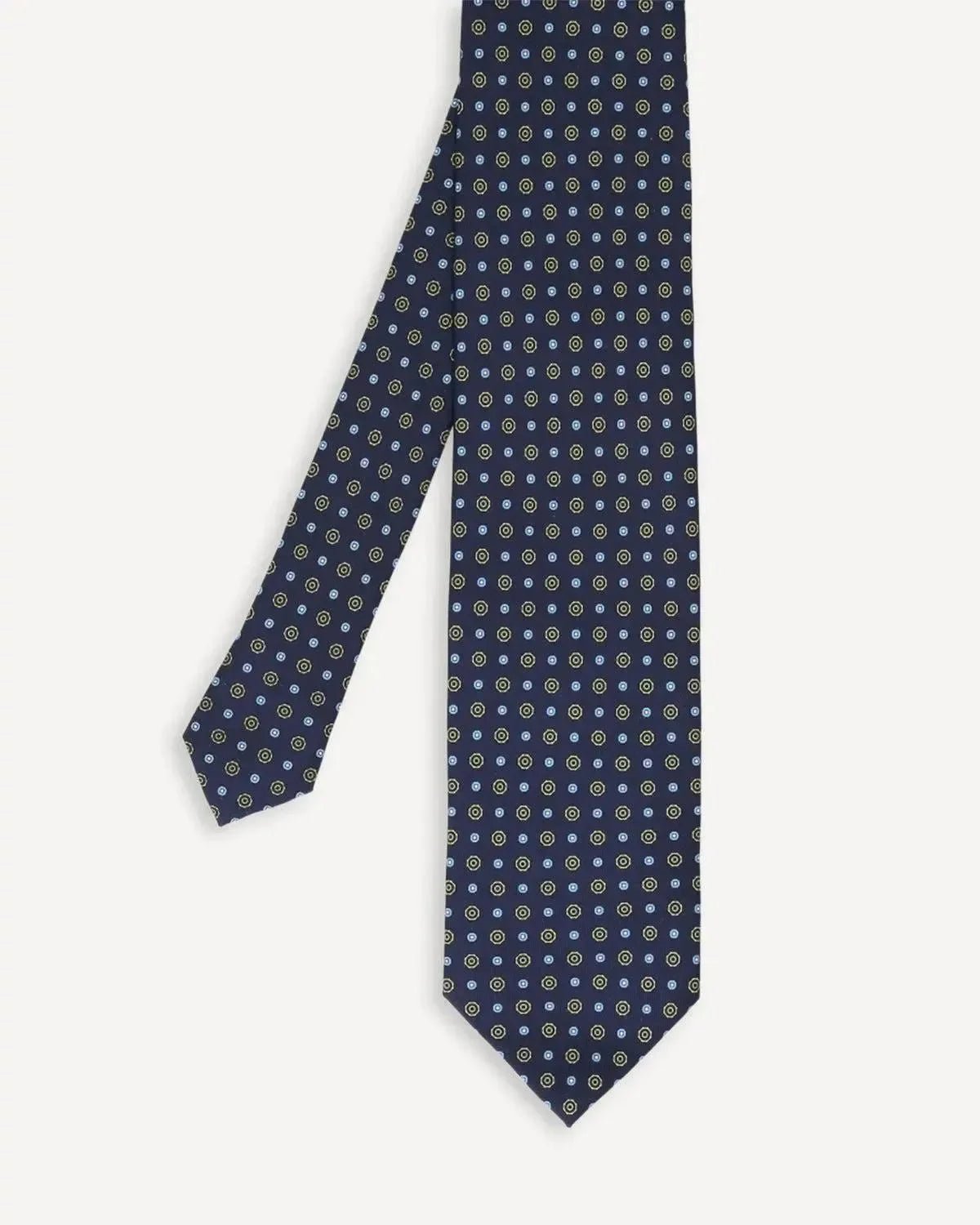 Drake's Geometric Circle Silk Tie Navy Sky Yellow - Malford_of_London_Tailoring_Archive