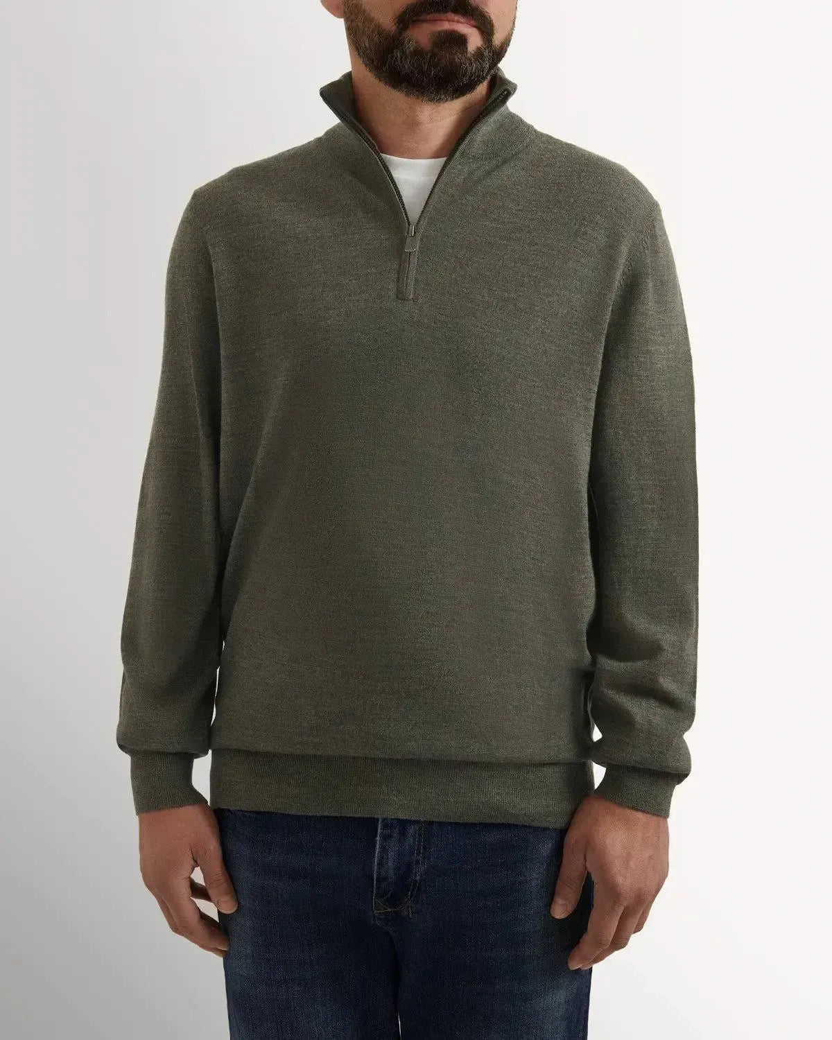 Richard James 1/4 Zip Merino Wool Knit Loden Green – Savile Row Menswear Outlet | Malford of London