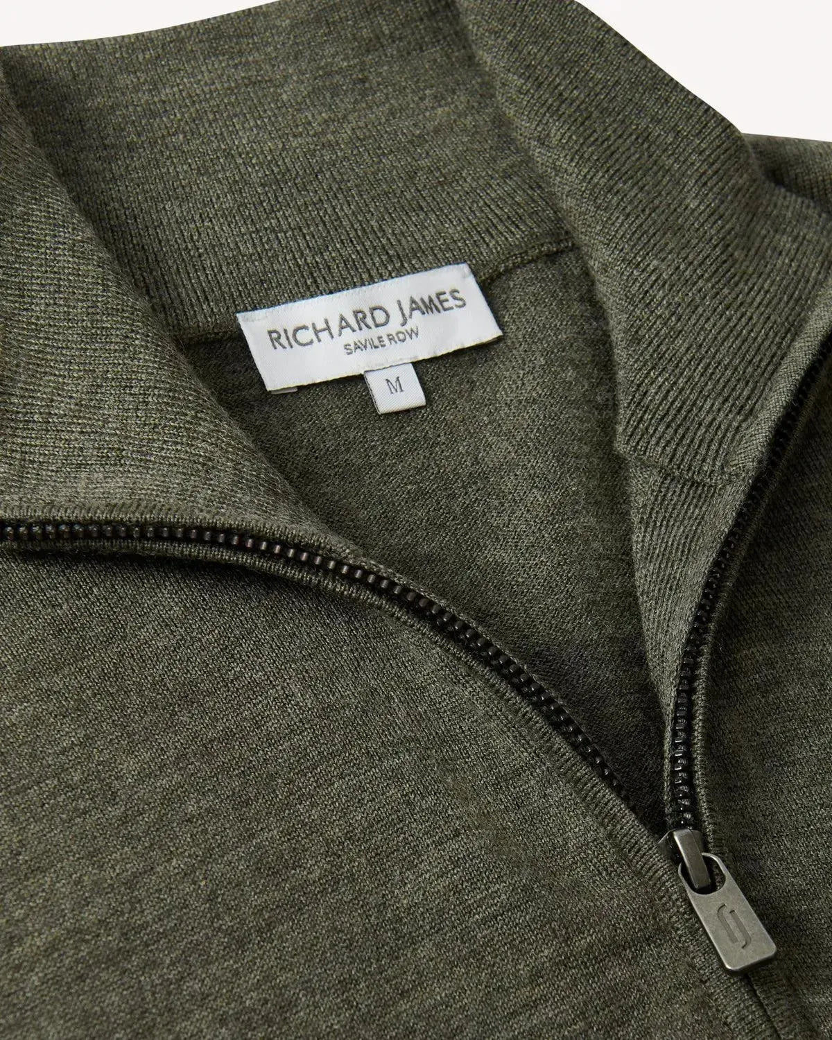 Richard James 1/4 Zip Merino Wool Knit Loden Green – Savile Row Menswear Outlet | Malford of London